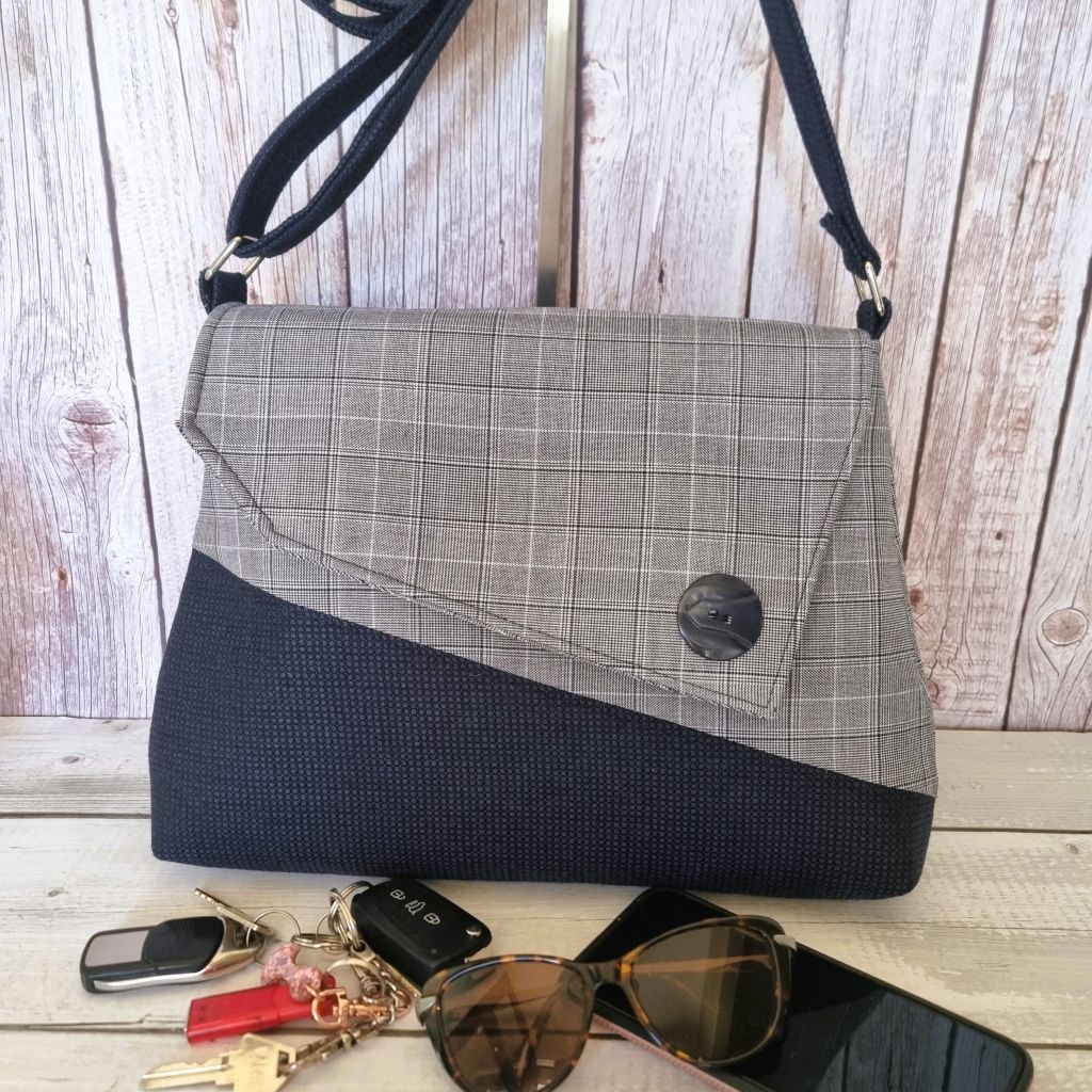 Upcycled classic vintage style handbag - Prince of Wales grey & navy