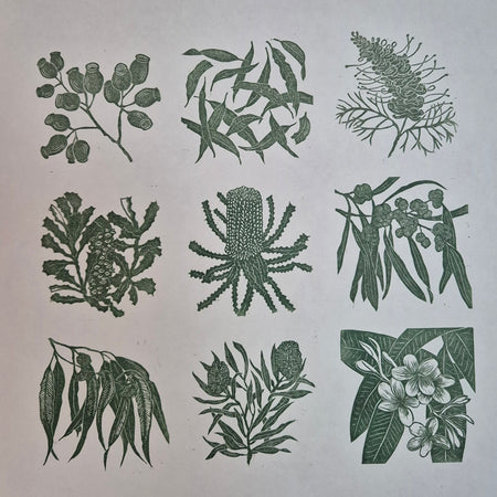 Linocut original artwork native plants green