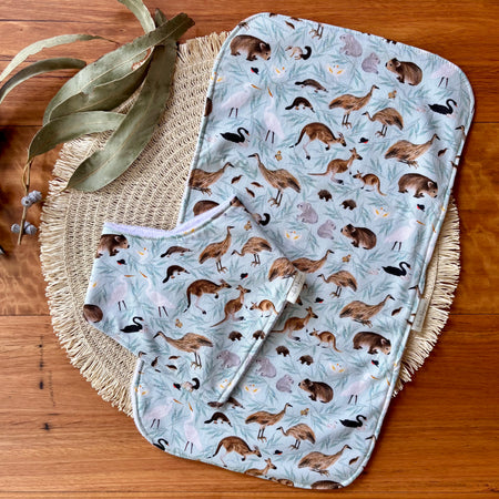Baby Bib and Burp Cloth Set | Leafy Aussie Animals | Ready to Ship