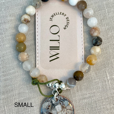 Bamboo Agate gemstone bracelet with enamel charm