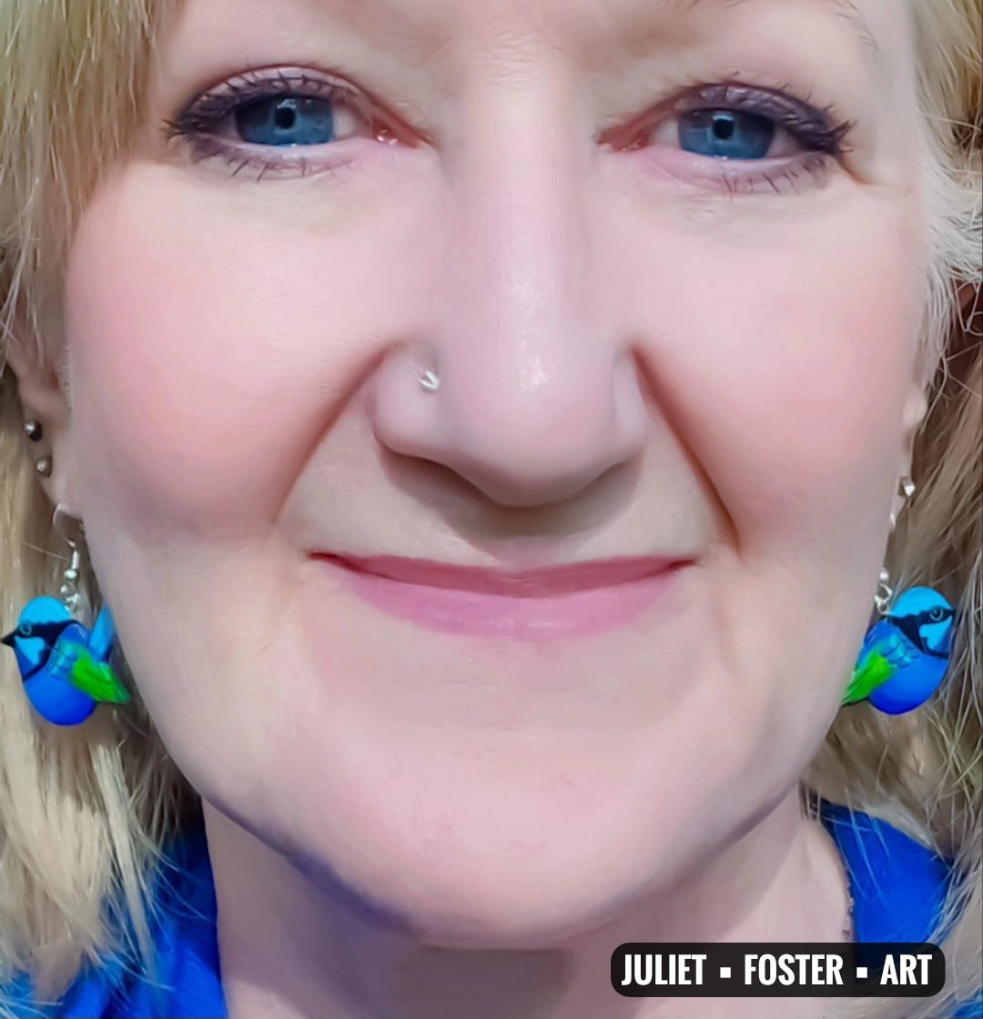 Fairy-wren earrings, sterling silver, handpainted, handcarved