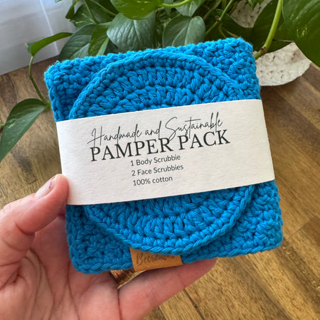 Pamper Pack - Handmade Crochet Body & Face scrubbie set - Vibrant Blue
