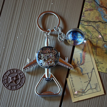 Steampunk watch parts plane (with world) bottle opener