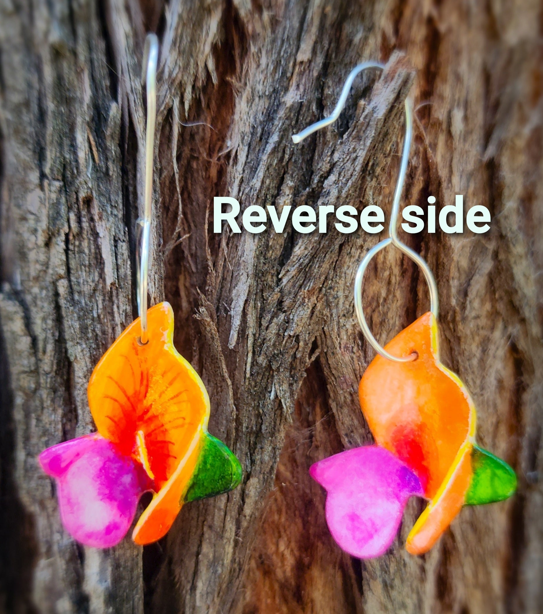 Flame pea flower earrings, native Australian flora, handpainted, handcarved, silver earrings, long drop earrings