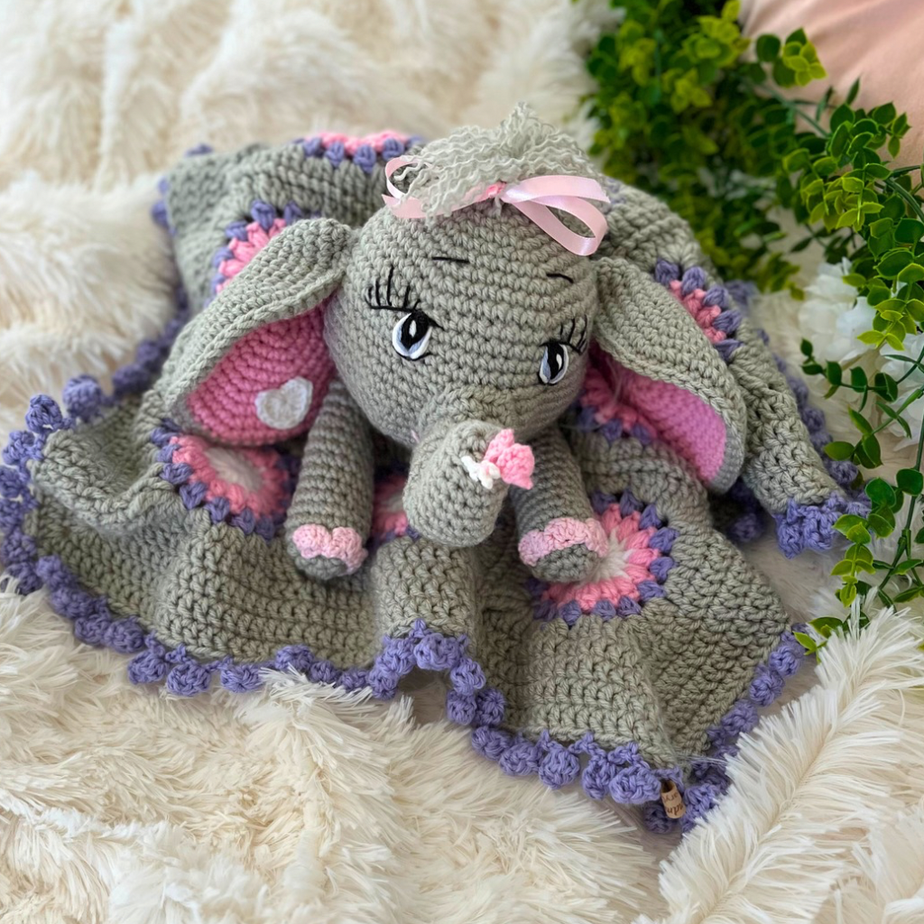 Crochet Elephant Lovey Blanket Miss Ellie, Crochet Elephant Snuggler