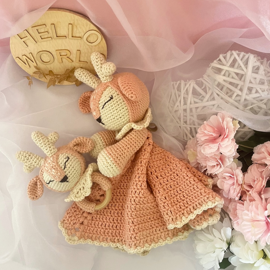 Crochet Fawn Snuggler And Teether Baby Gift Set