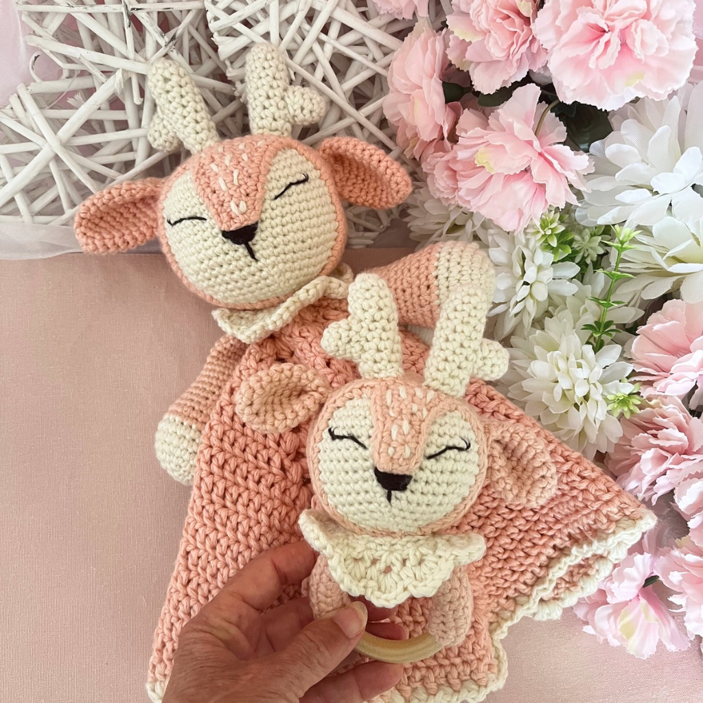 Crochet Fawn Snuggler And Teether Baby Gift Set