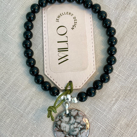 Black Onyx beaded bracelet with enamel charm