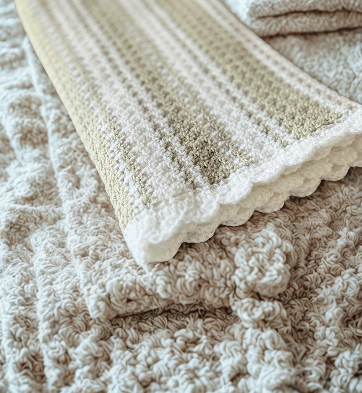 Beige and White Crochet Baby Blanket