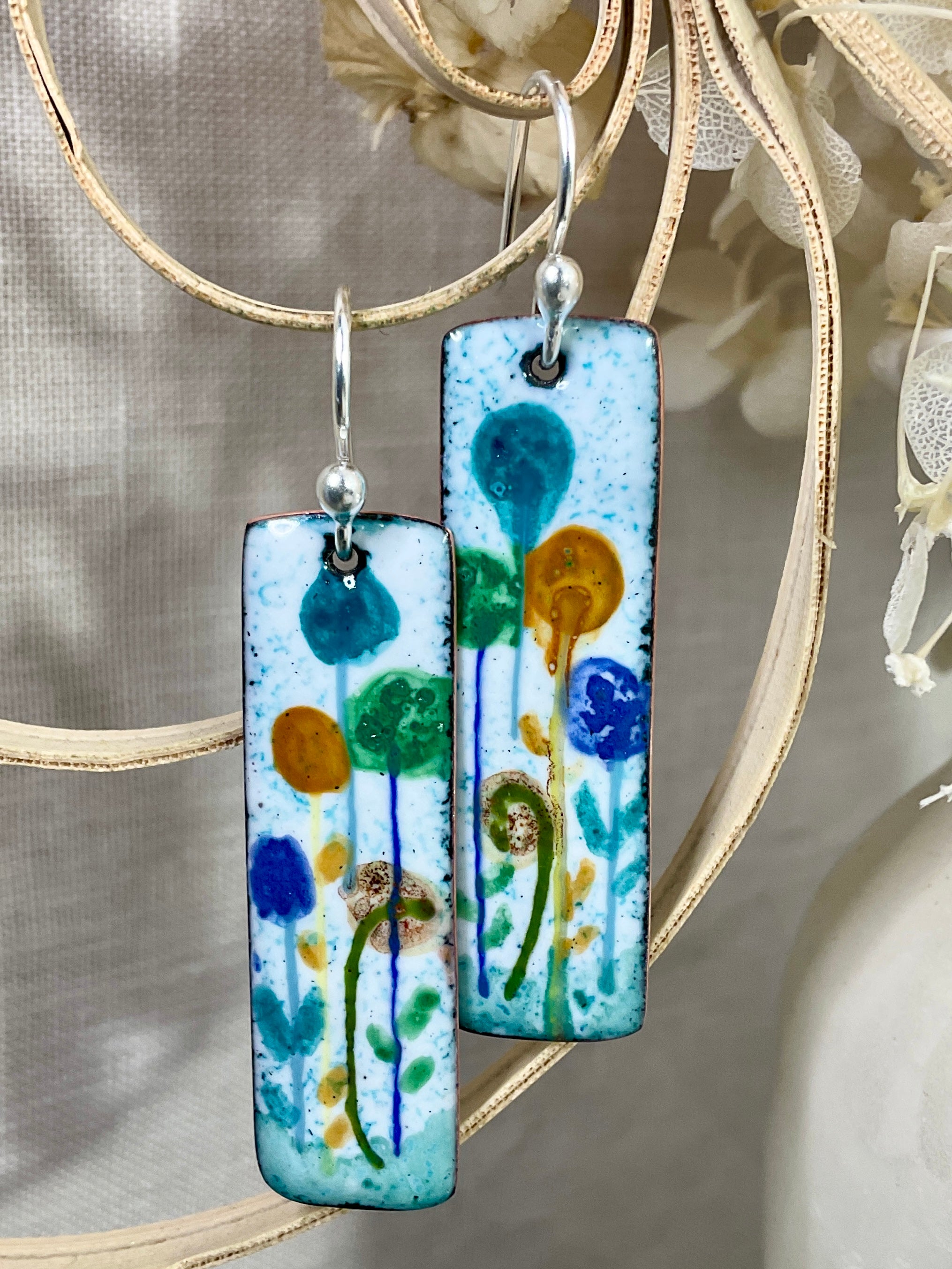 Field of flowers. Enamel earrings. Handmade