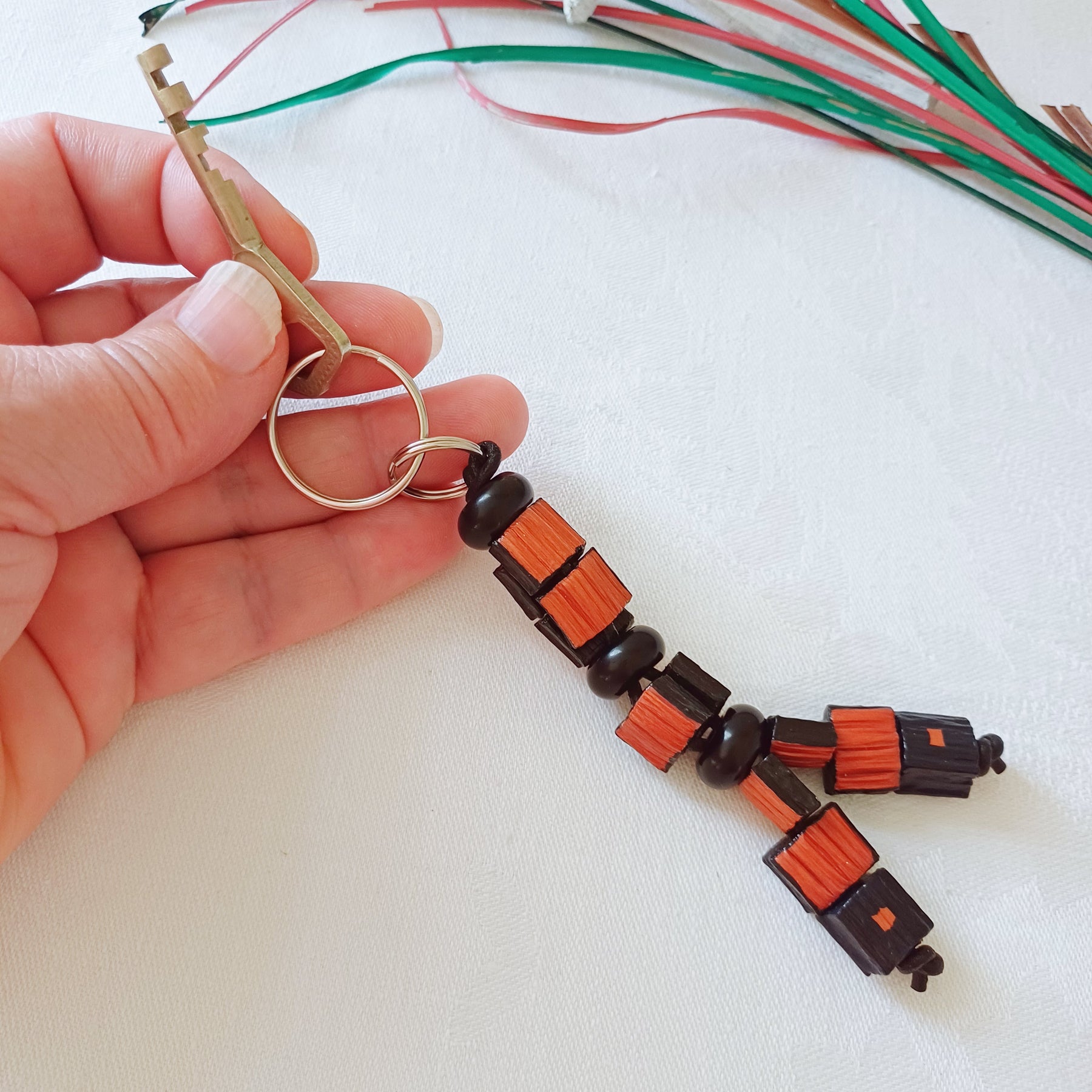 Handmade Palm Leaf Beads and Gemstones Keychain
