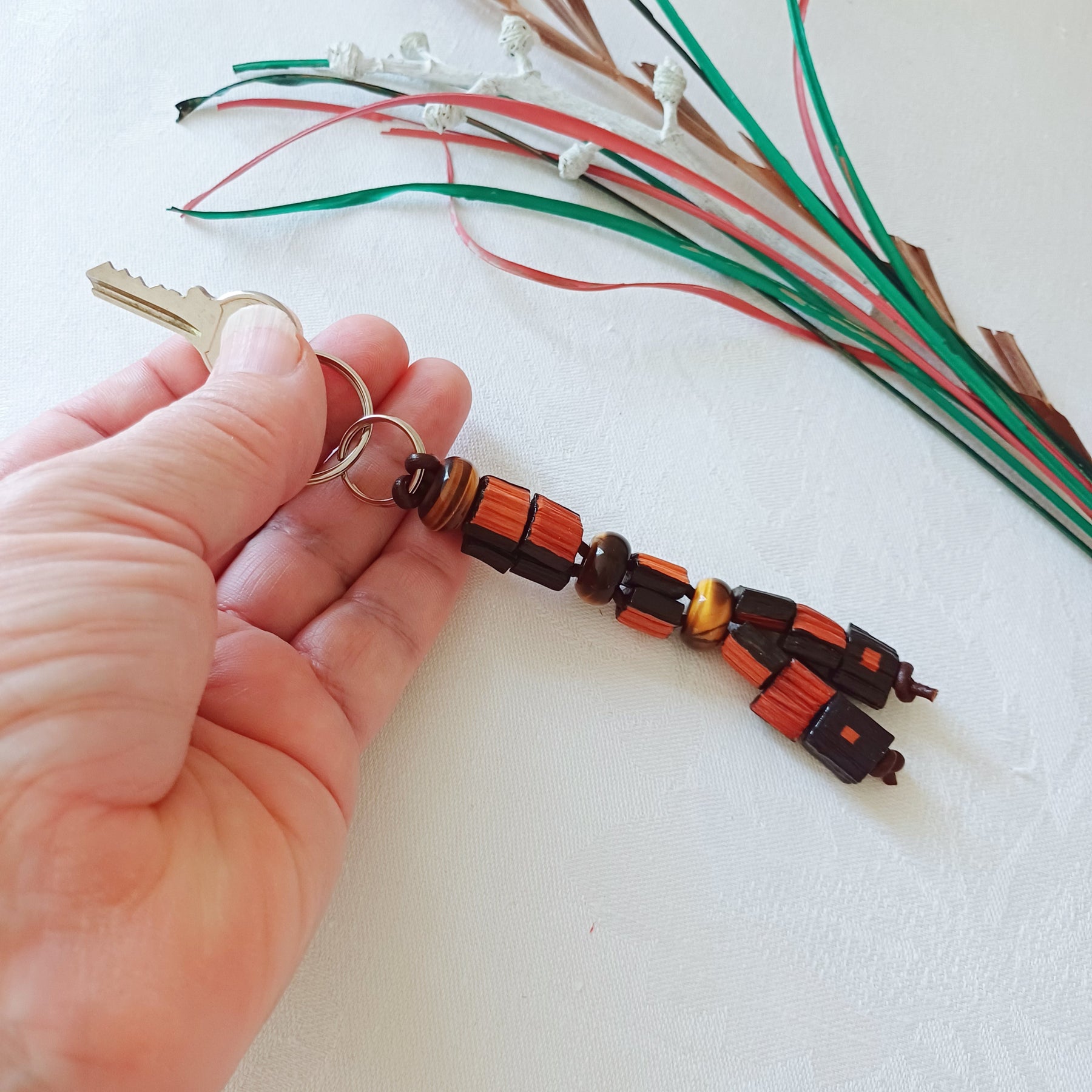 Handmade Palm Leaf Beads and Gemstones Keychain