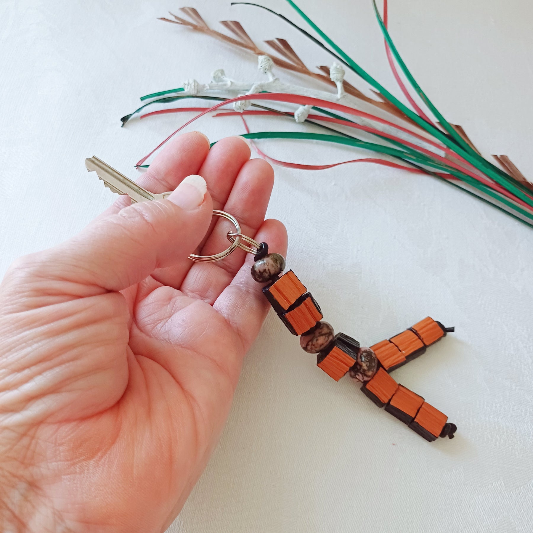 Handmade Palm Leaf Beads and Gemstones Keychain