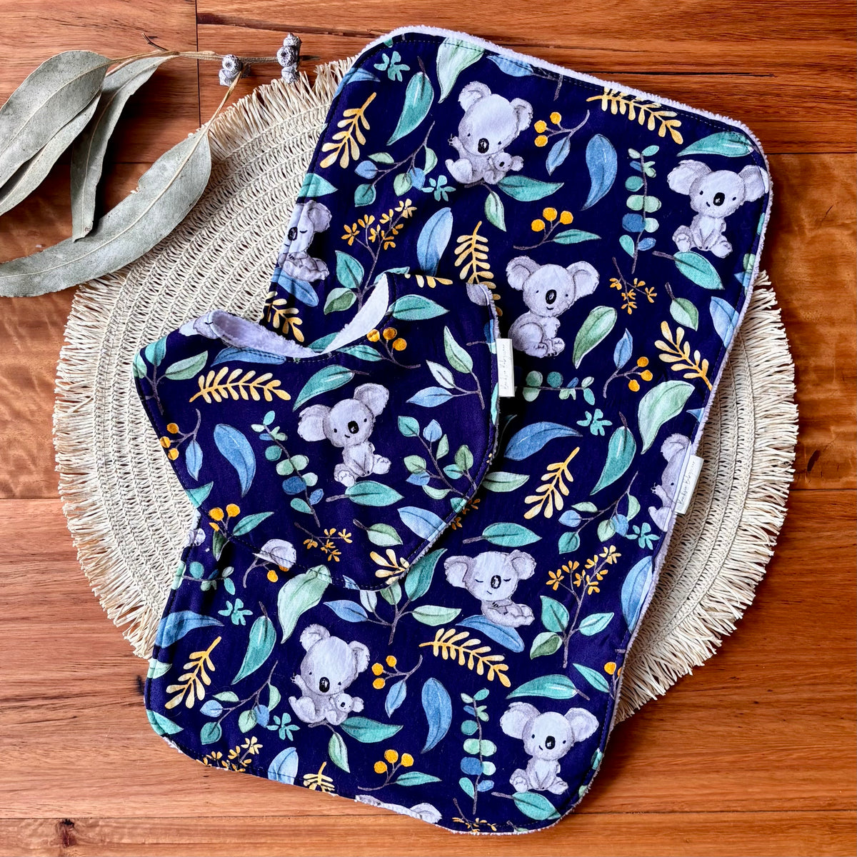 Baby Bib and Burp Cloth Set | Blue Leafy Koalas | Ready to Ship
