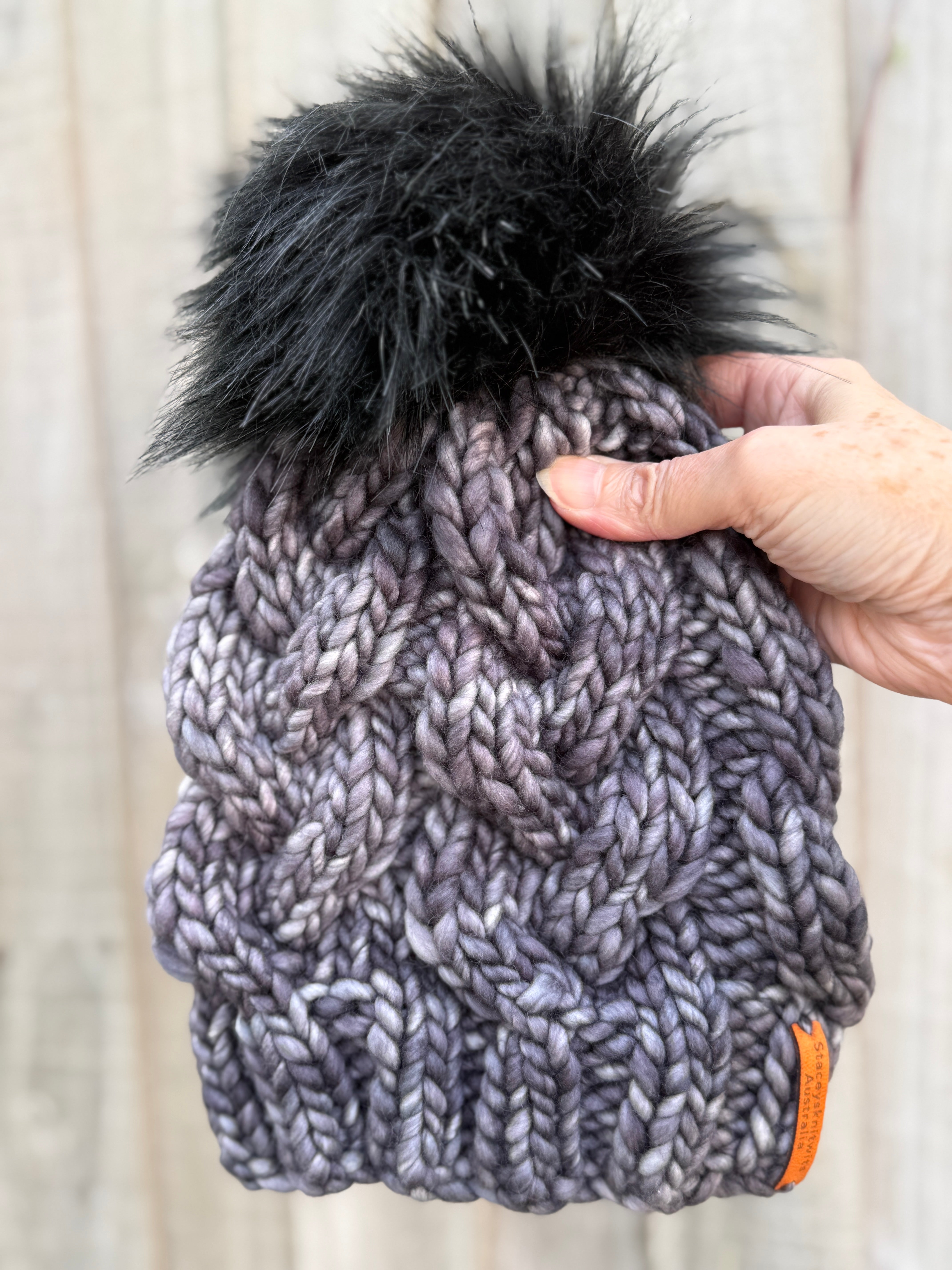 Hand knitted Grey Merino Beanie with PomPom