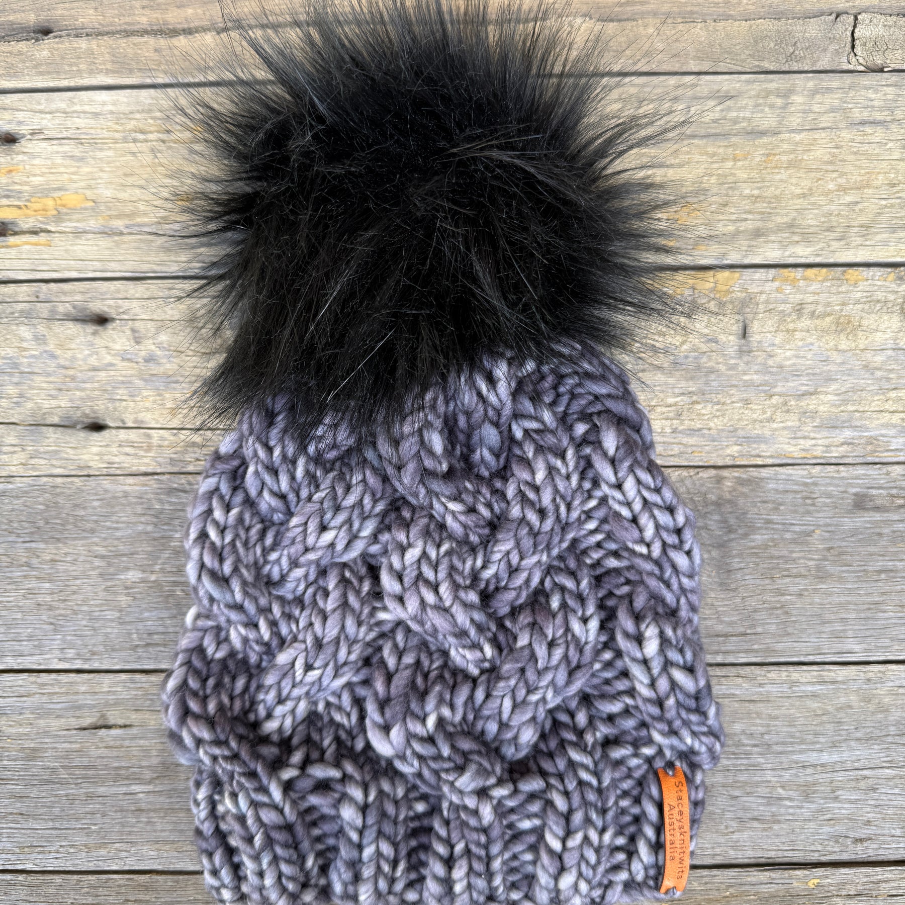 Hand knitted Grey Merino Beanie with PomPom