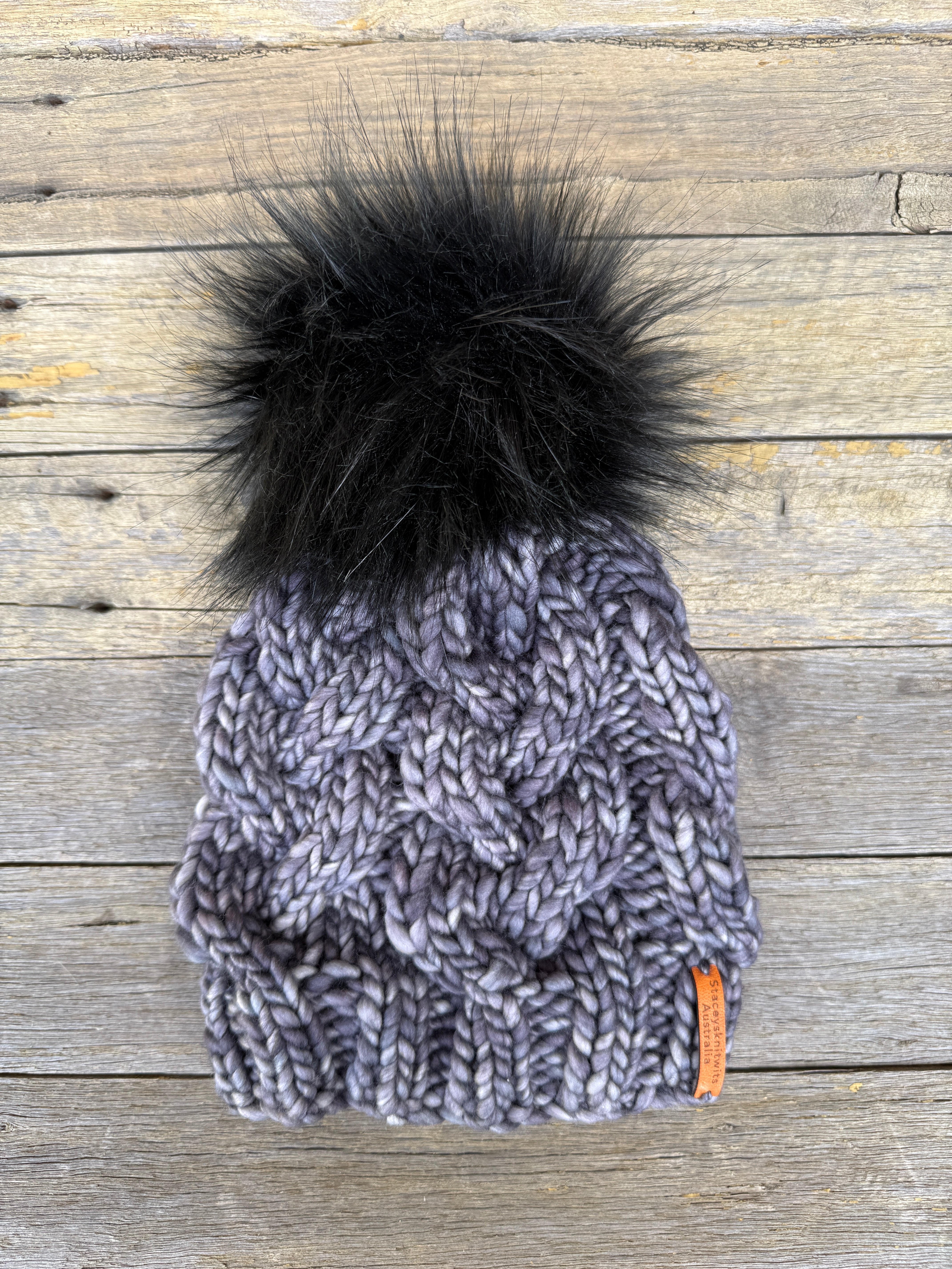 Hand knitted Grey Merino Beanie with PomPom