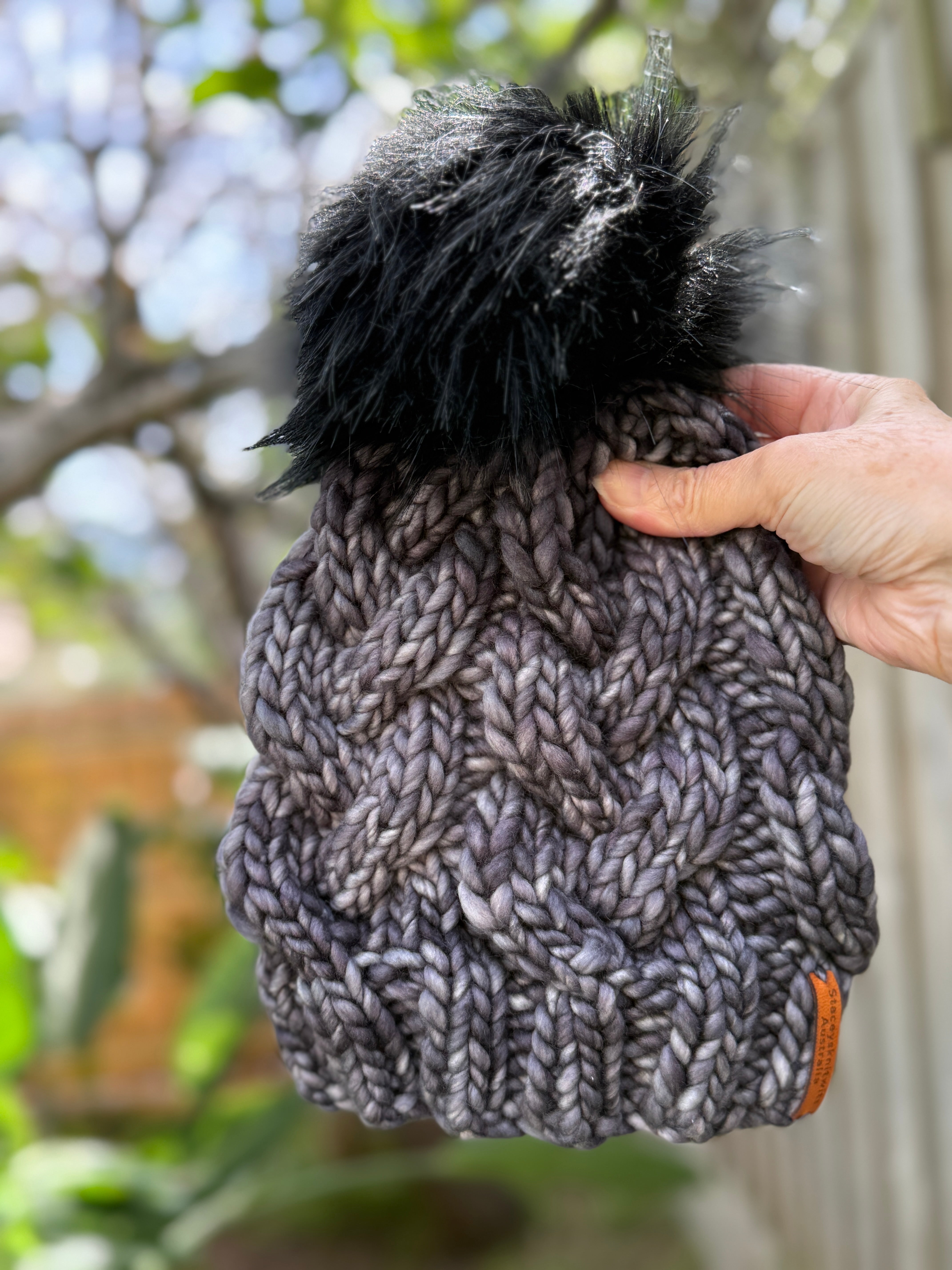 Hand knitted Grey Merino Beanie with PomPom