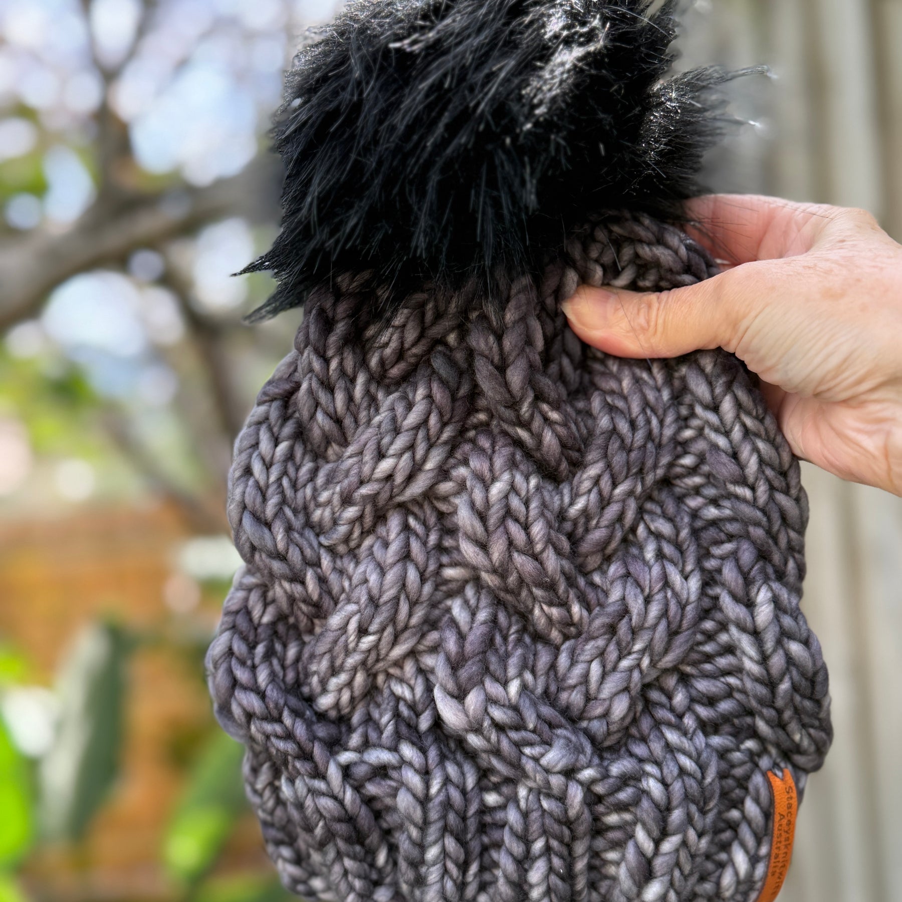 Hand knitted Grey Merino Beanie with PomPom