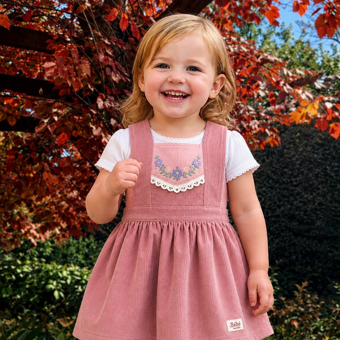 Girls Dusty Rose Corduroy Pinafore with Hand Embroidery