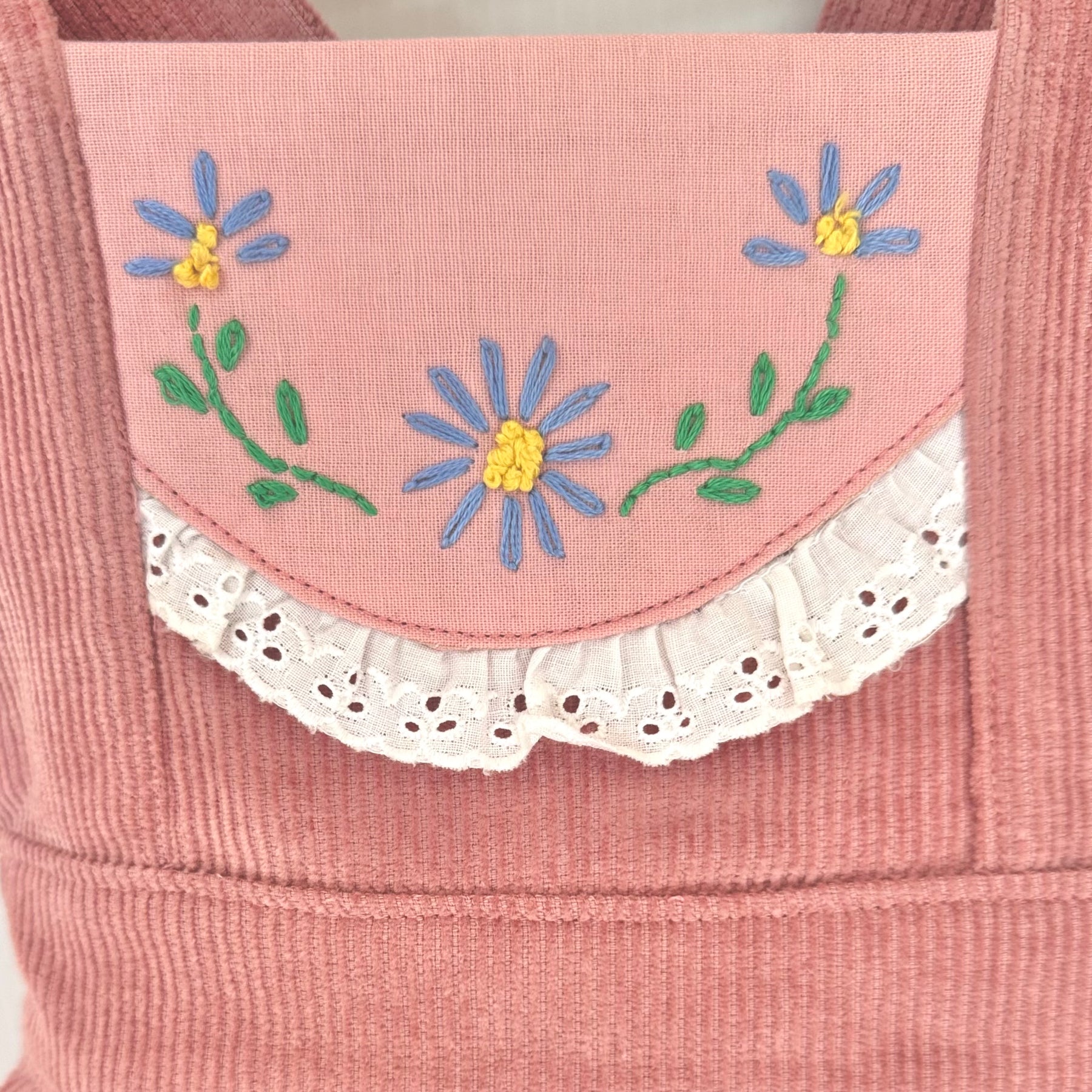 Girls Dusty Rose Corduroy Pinafore with Hand Embroidery