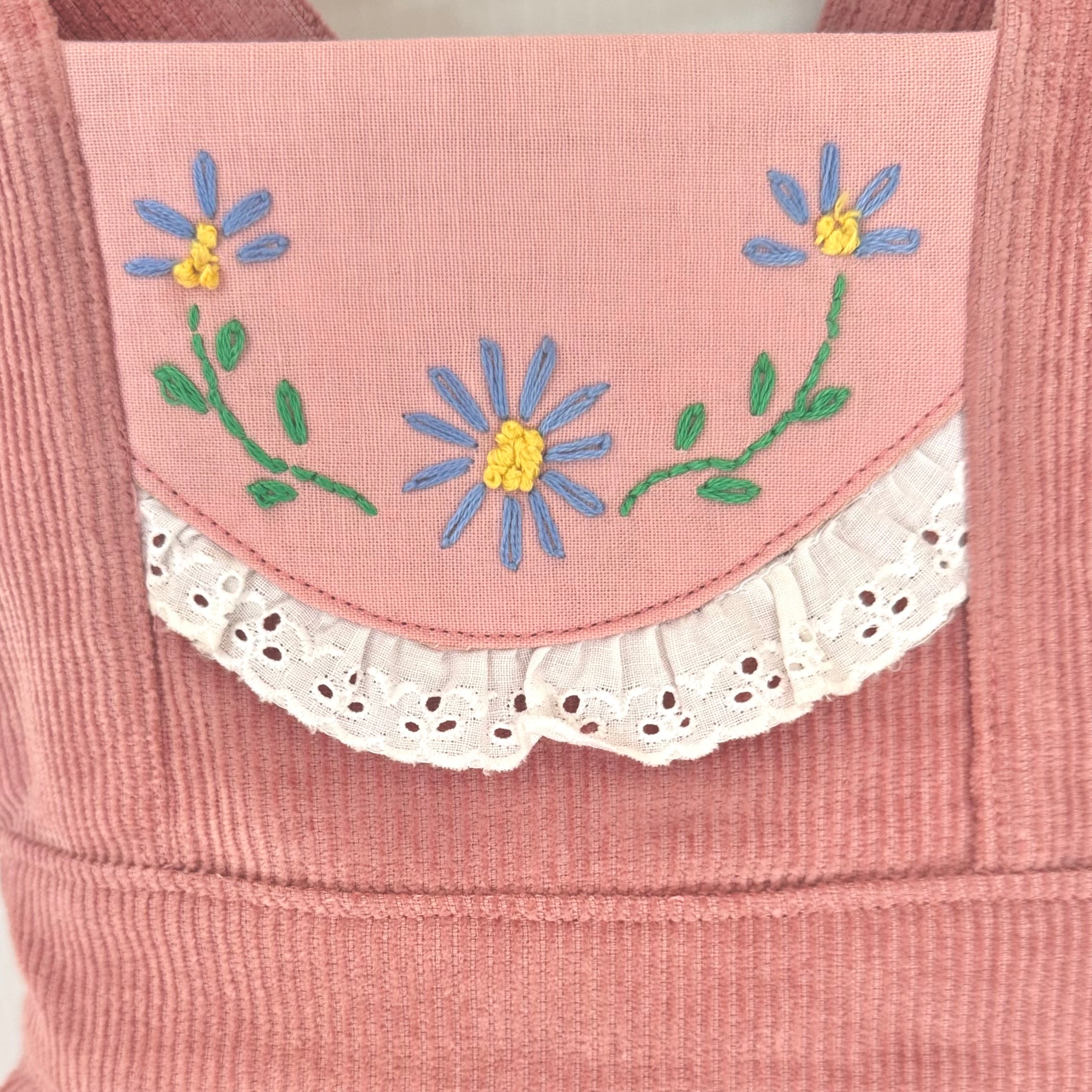 Girls Dusty Rose Corduroy Pinafore with Hand Embroidery