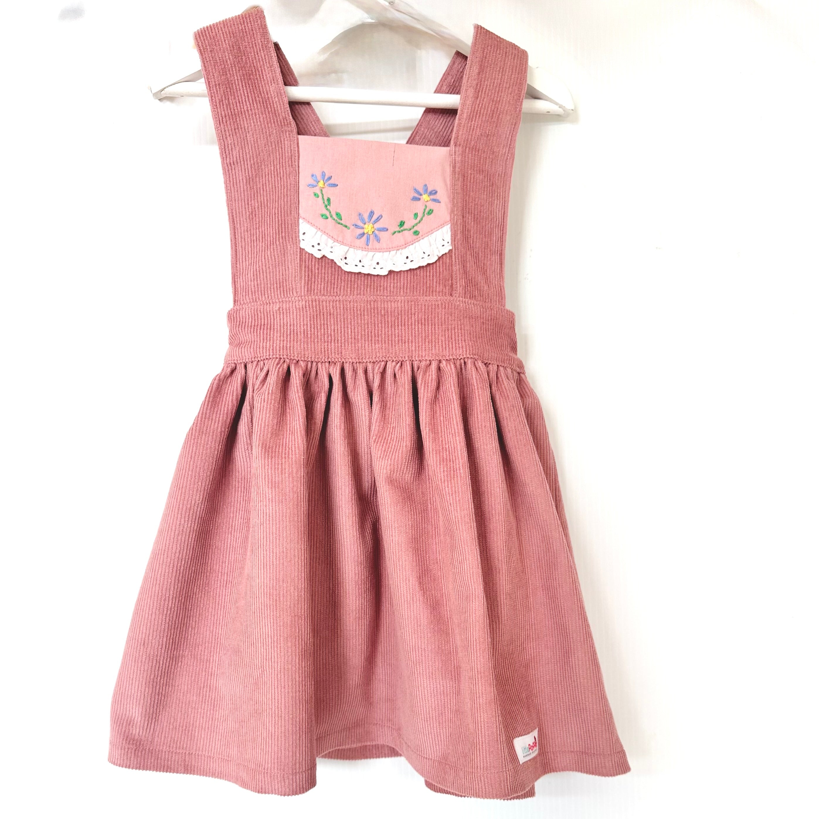 Girls Dusty Rose Corduroy Pinafore with Hand Embroidery