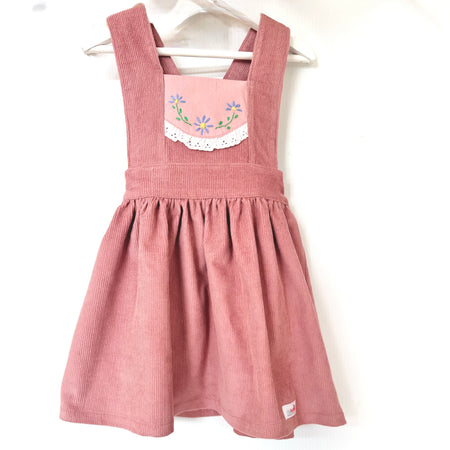Girls Dusty Rose Corduroy Pinafore with Hand Embroidery