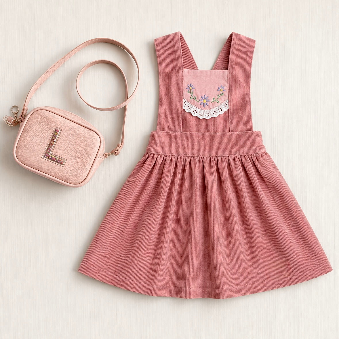 Girls Dusty Rose Corduroy Pinafore with Hand Embroidery