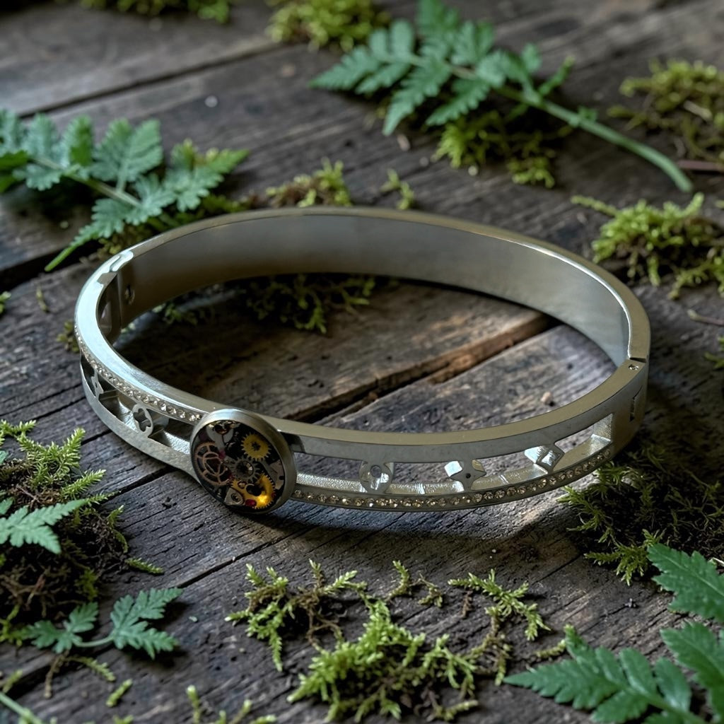 Steampunk watch parts silver bangle