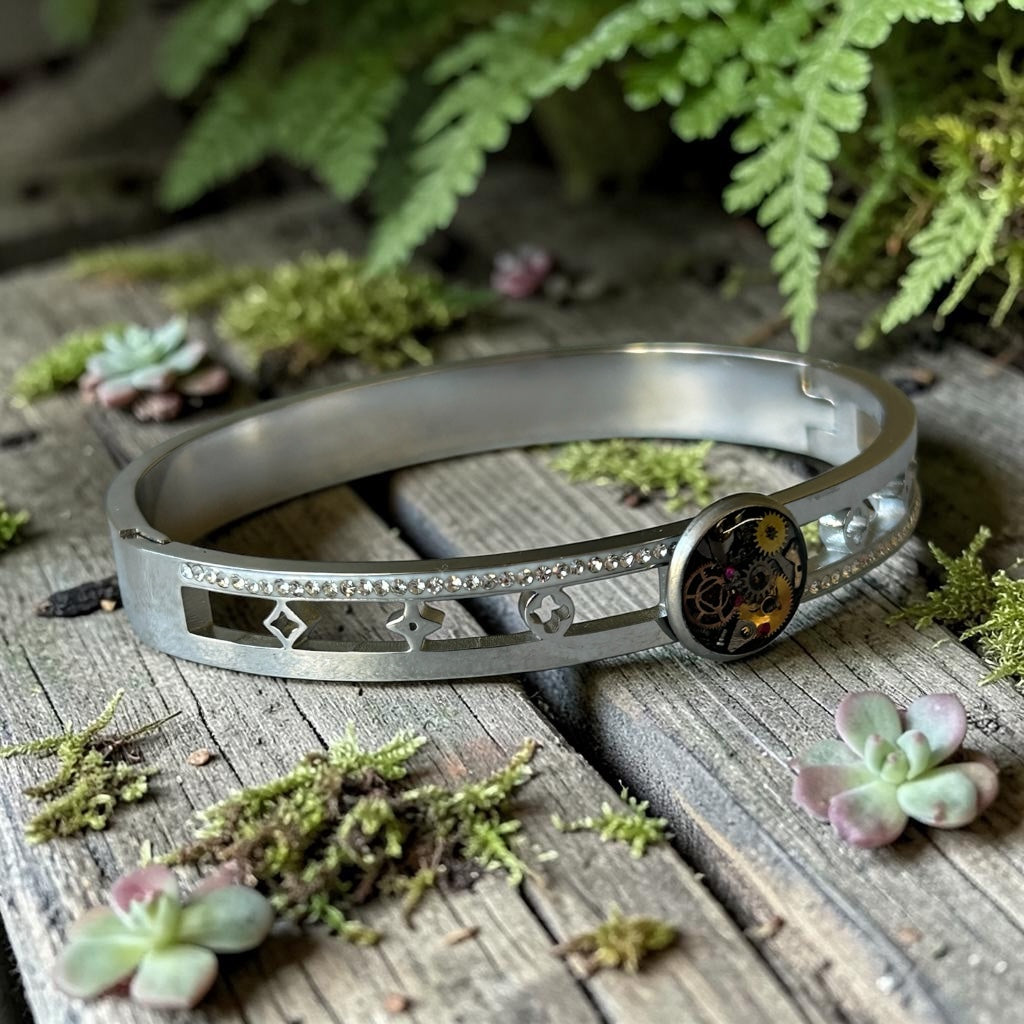 Steampunk watch parts silver bangle