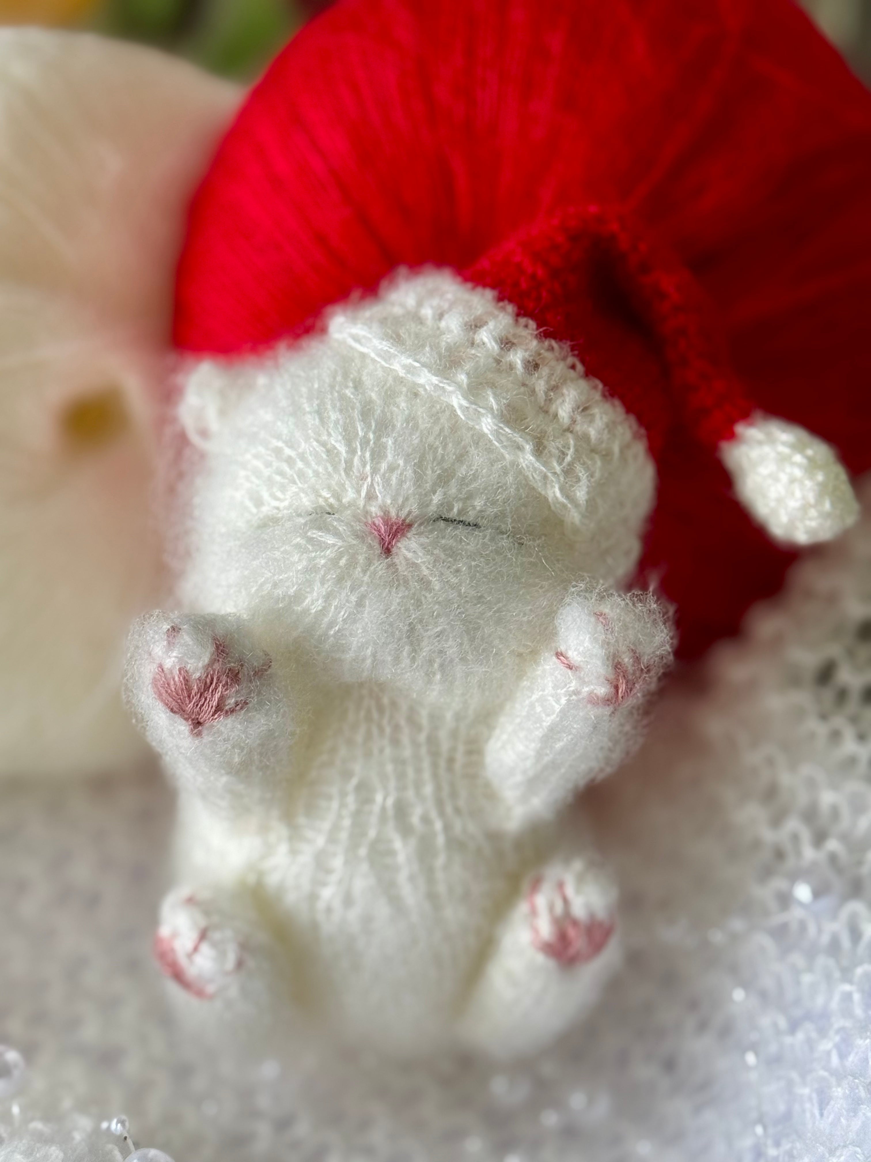 Handmade Christmas White Knitted Sleeping Kitty in Red Santa Hat Toy