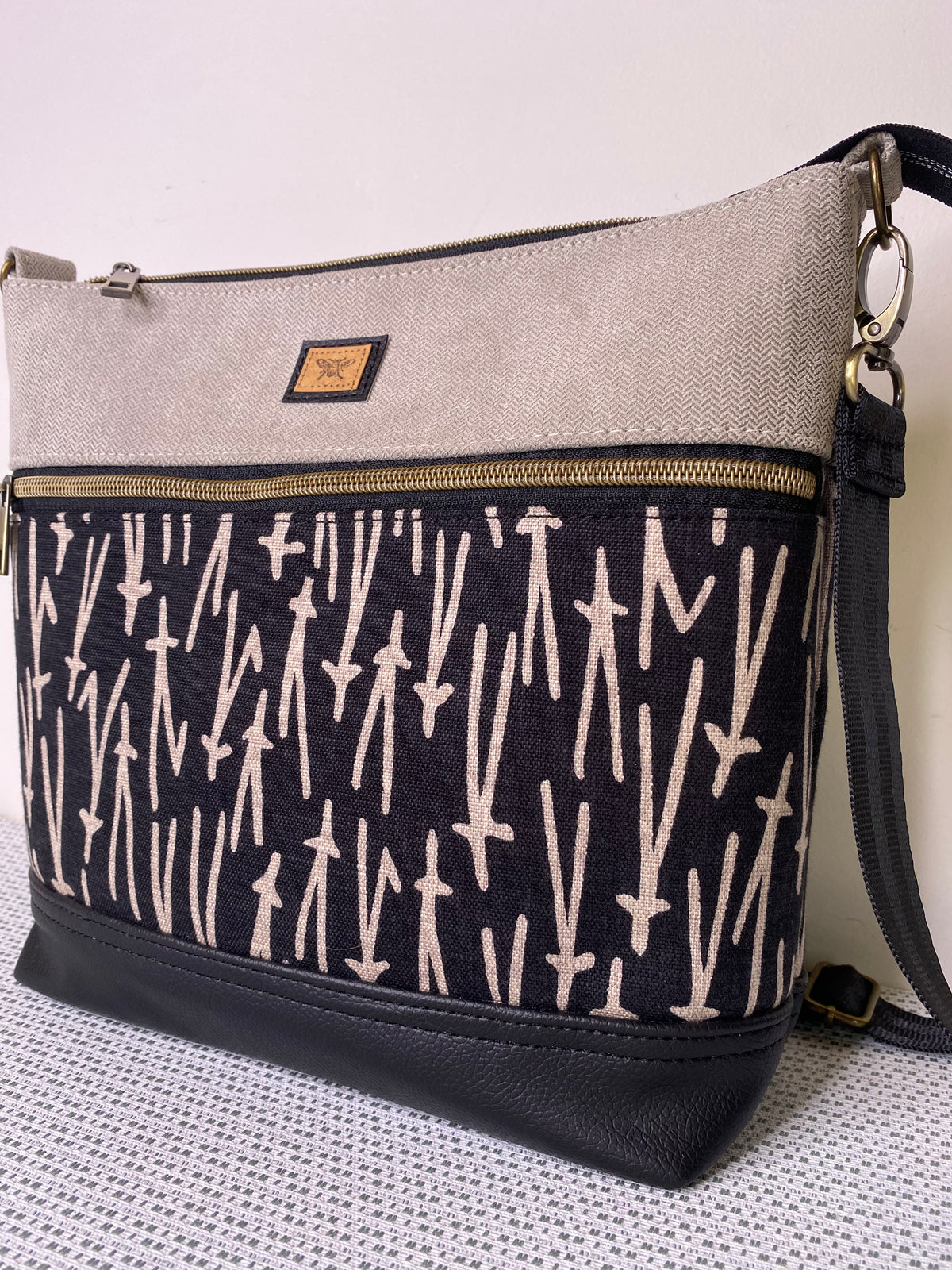 Lola Crossbody Bag - Contemporary Brown Print and Beige Fabric with Dark BrownFaux Leather Base