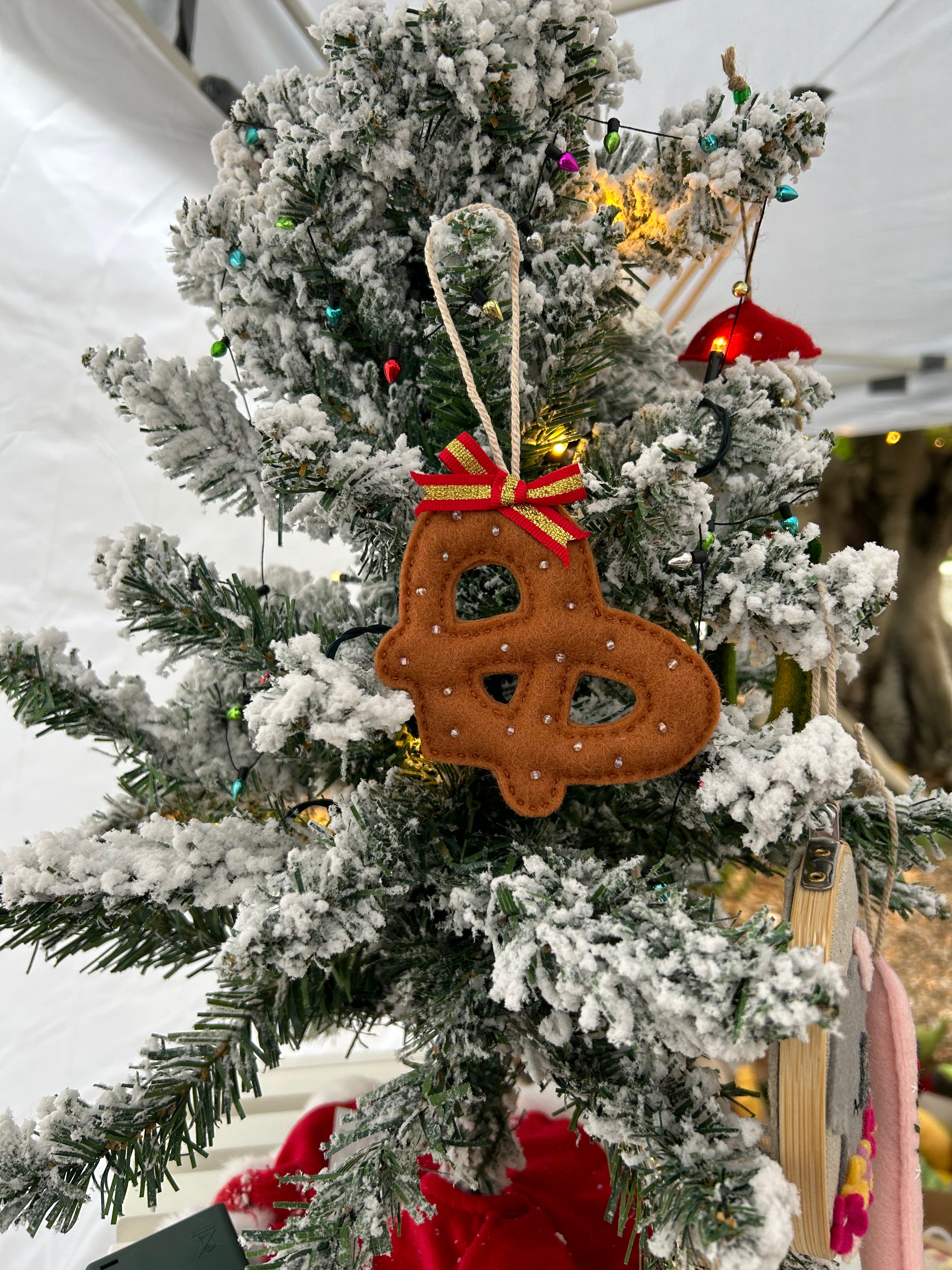 Felt Pretzel Christmas Tree Decoration, Beaded Salt & Festive Bow