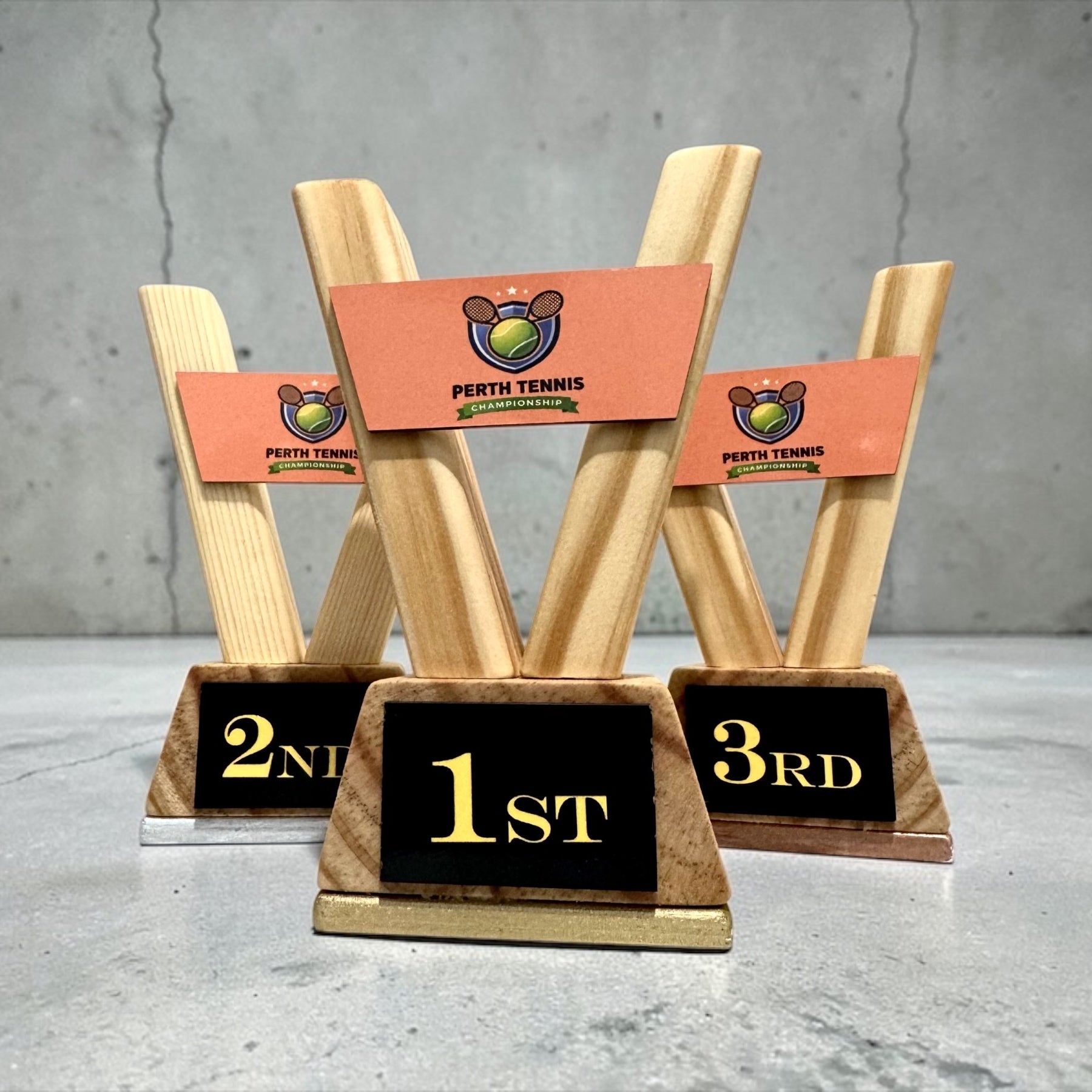 Custom Trophy Set of 3 – Personalised Wooden Awards with Logo for School Corporate Sports