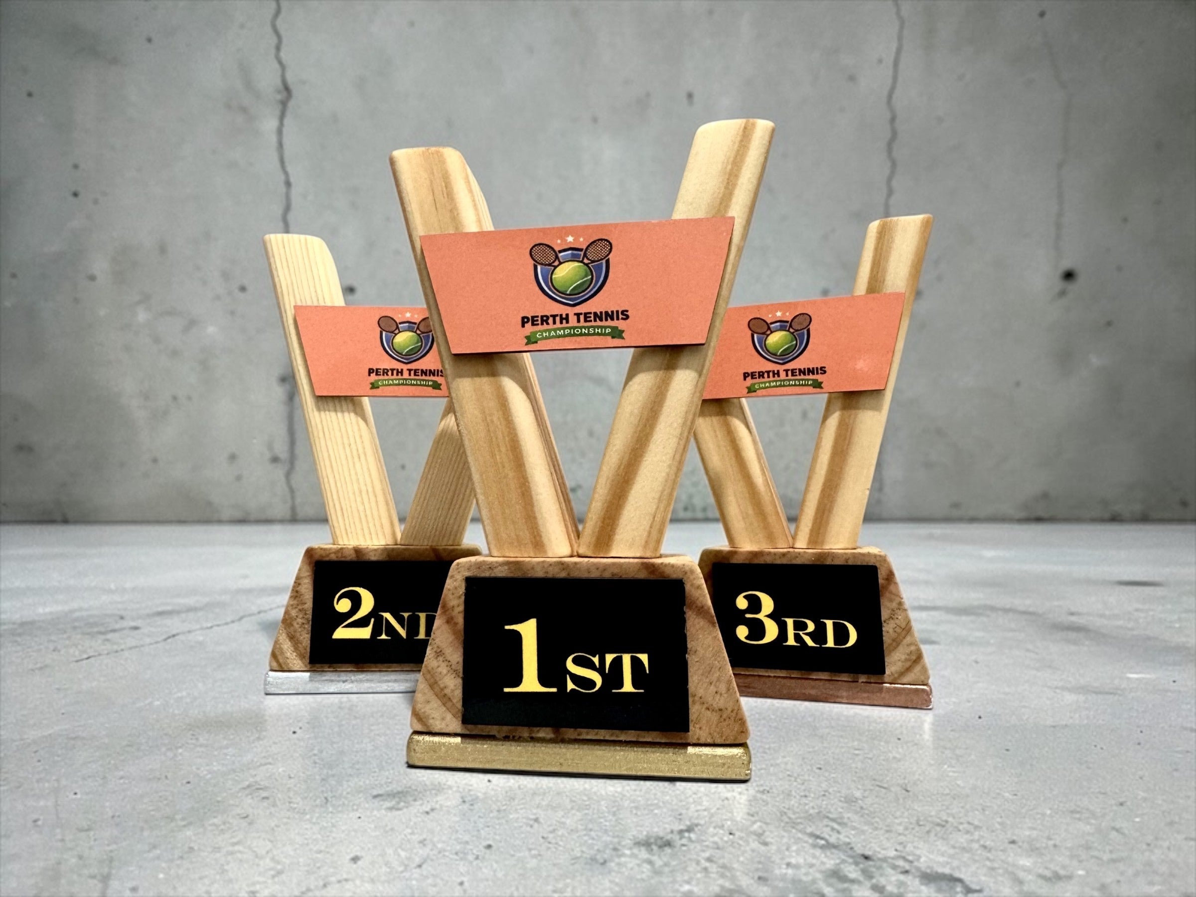 Custom Trophy Set of 3 – Personalised Wooden Awards with Logo for School Corporate Sports