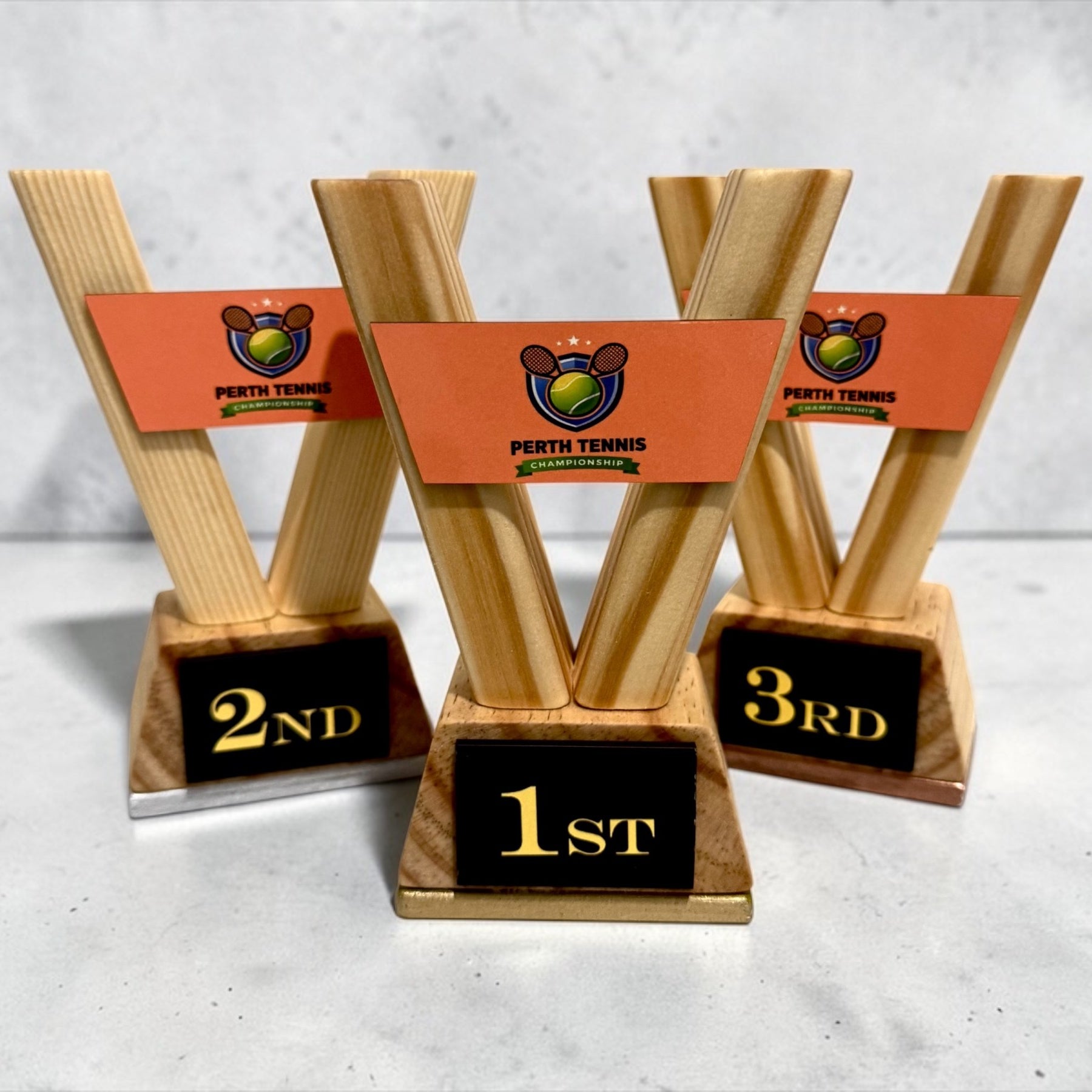 Custom Trophy Set of 3 – Personalised Wooden Awards with Logo for School Corporate Sports