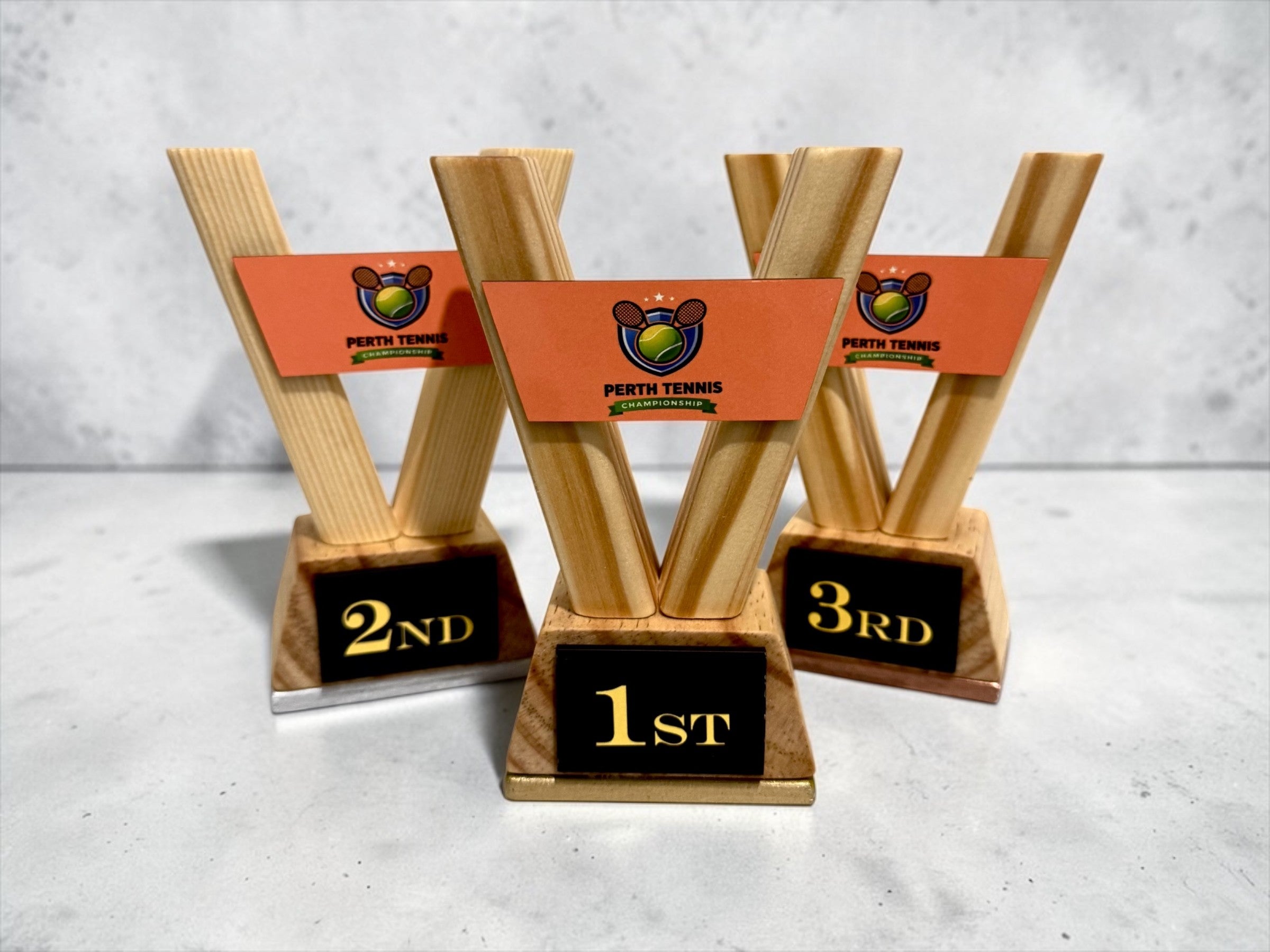 Custom Trophy Set of 3 – Personalised Wooden Awards with Logo for School Corporate Sports