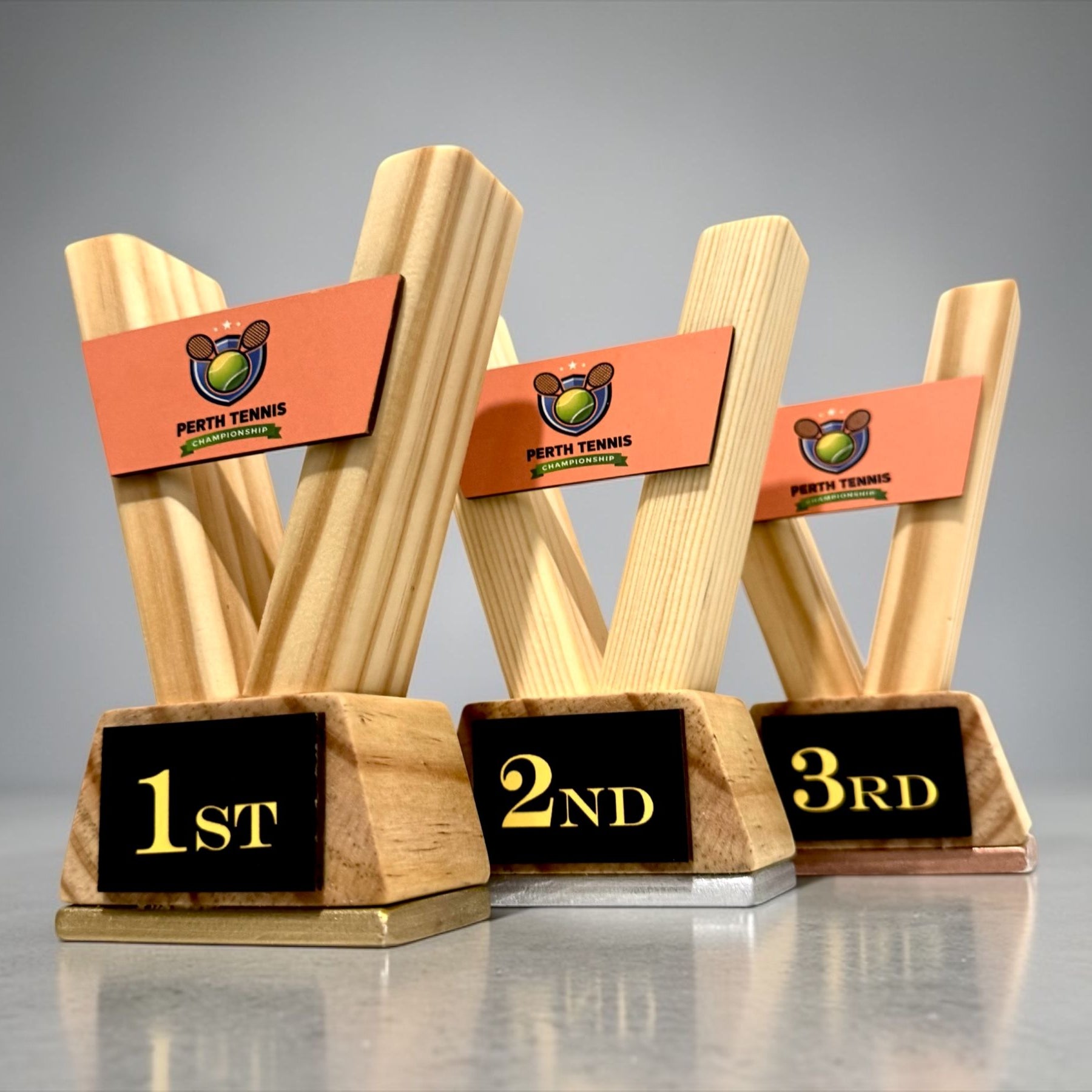 Custom Trophy Set of 3 – Personalised Wooden Awards with Logo for School Corporate Sports