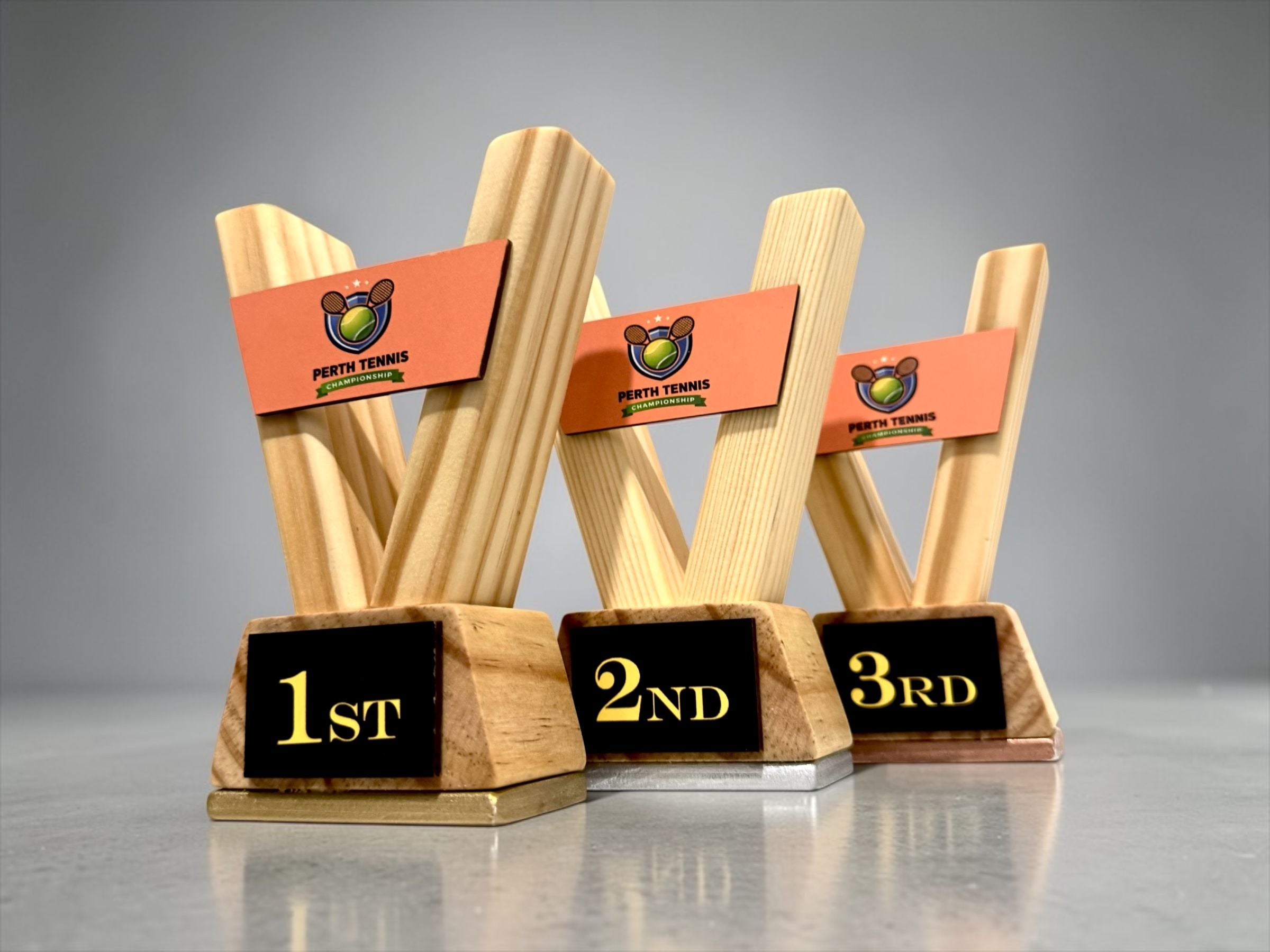 Custom Trophy Set of 3 – Personalised Wooden Awards with Logo for School Corporate Sports
