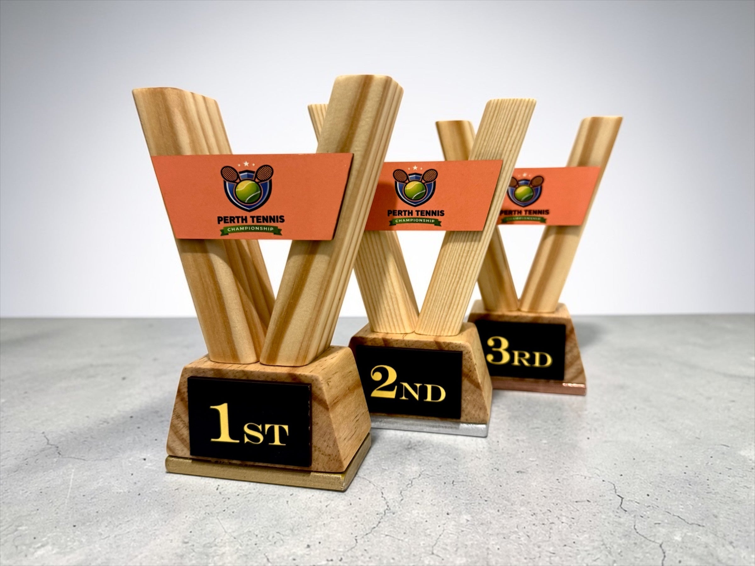 Custom Trophy Set of 3 – Personalised Wooden Awards with Logo for School Corporate Sports