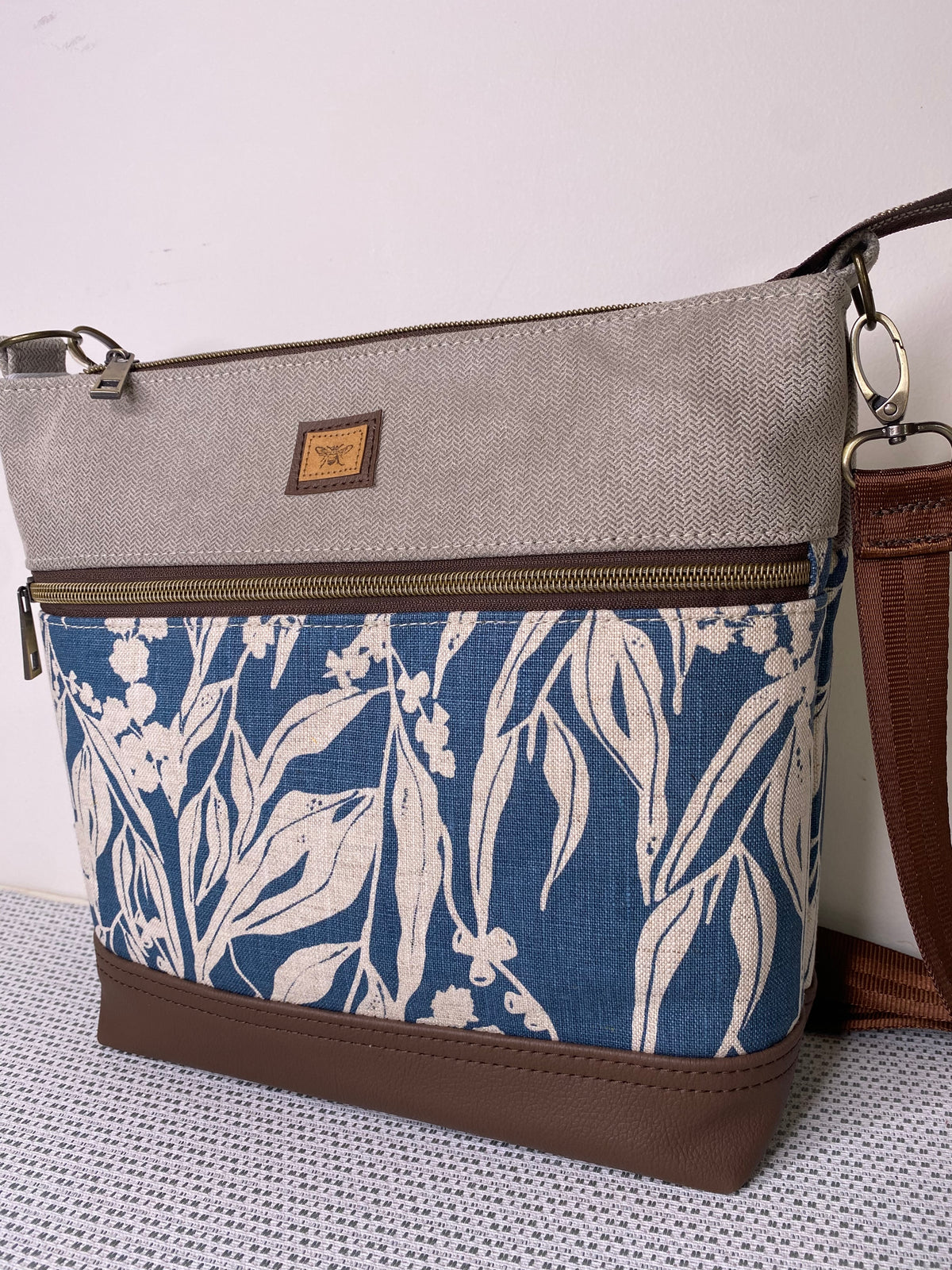 Lola Crossbody Bag - Hand Screen Printed Linen in Blue Gum leaves and Beige Fabric with Dark BrownFaux Leather Base