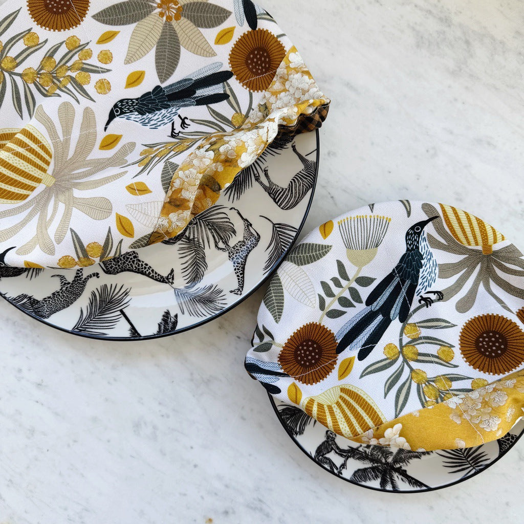 Wattle birds reusable fabric bowl covers. Set of two. Proofing cloths.