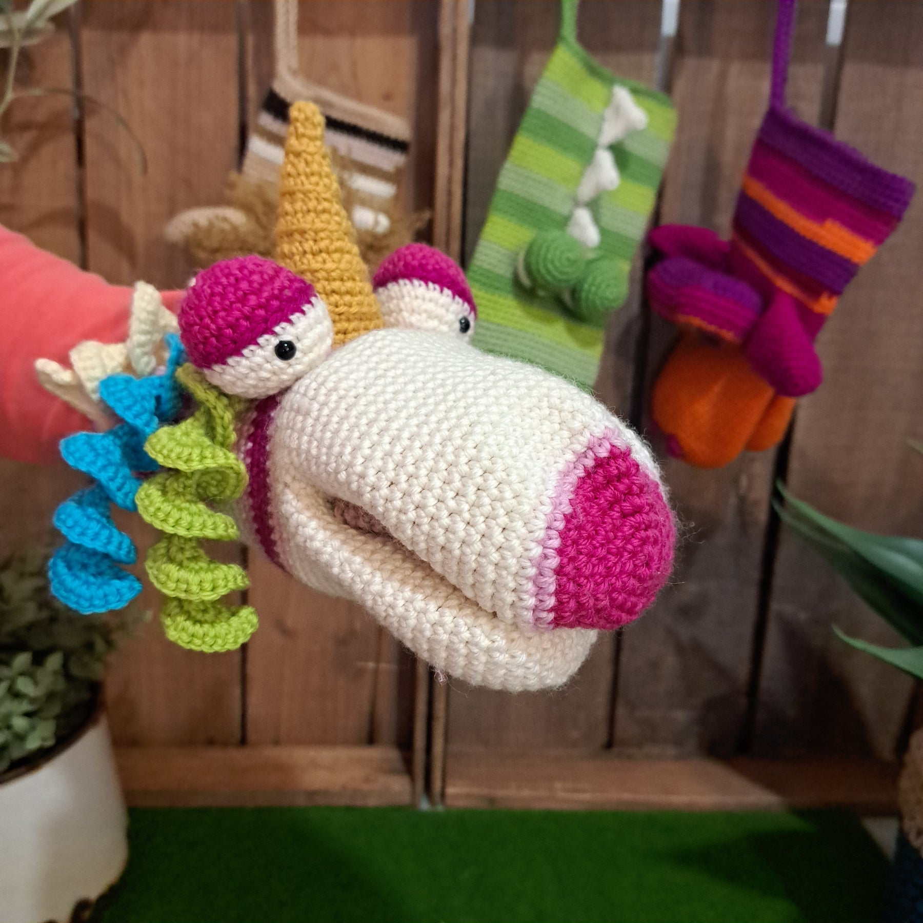 Handmade Crochet hand puppet multi colour unicorn Australian wool