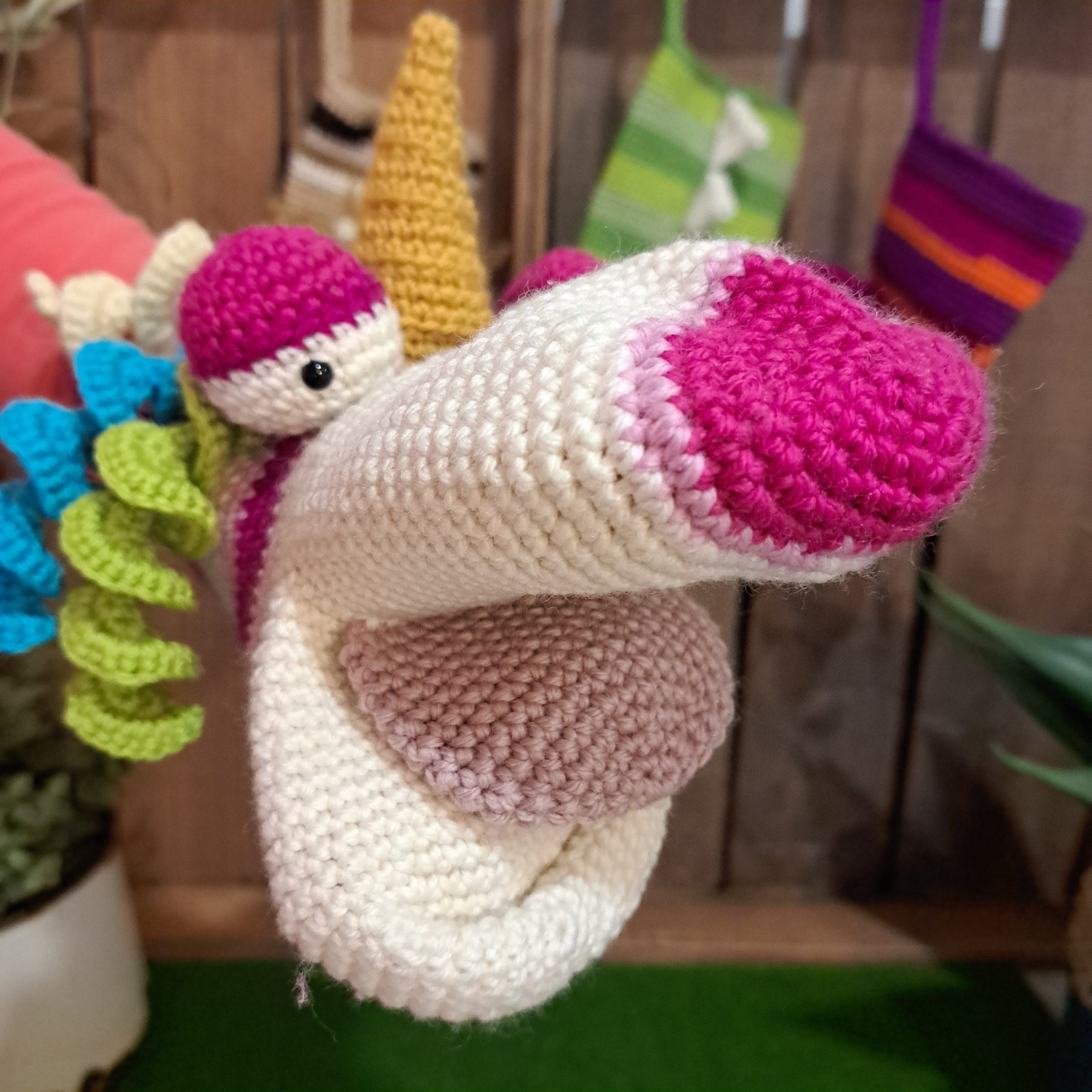 Handmade Crochet hand puppet multi colour unicorn Australian wool