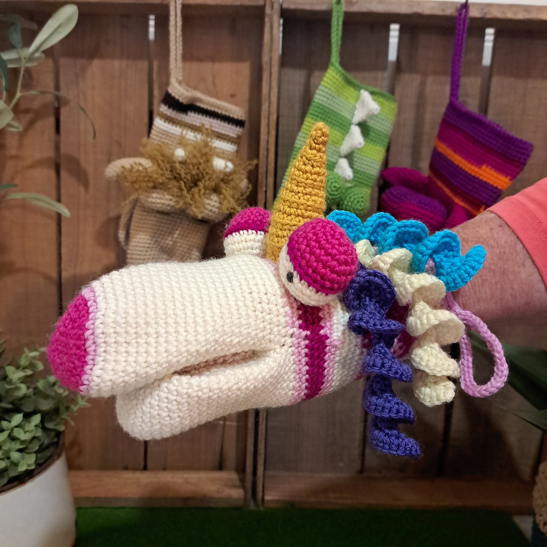 Handmade Crochet hand puppet multi colour unicorn Australian wool