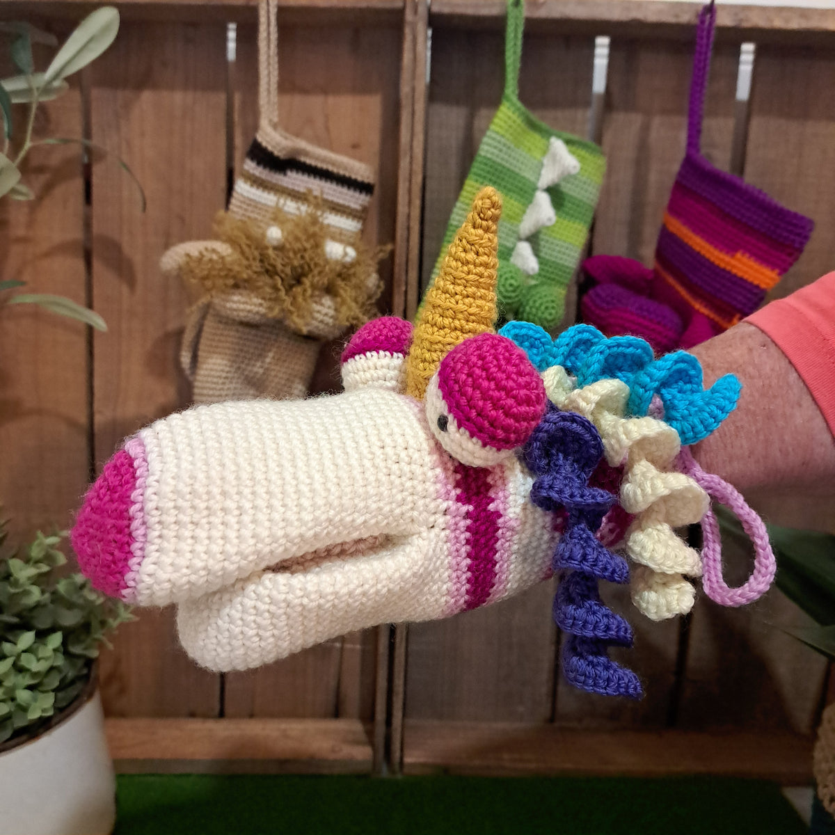 Handmade Crochet hand puppet multi colour unicorn Australian wool