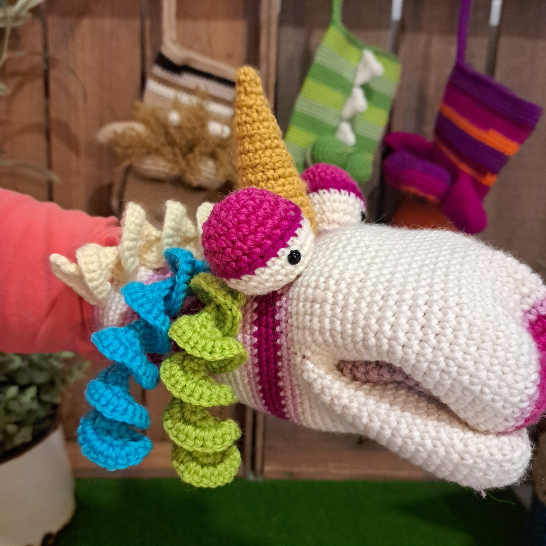 Handmade Crochet hand puppet multi colour unicorn Australian wool
