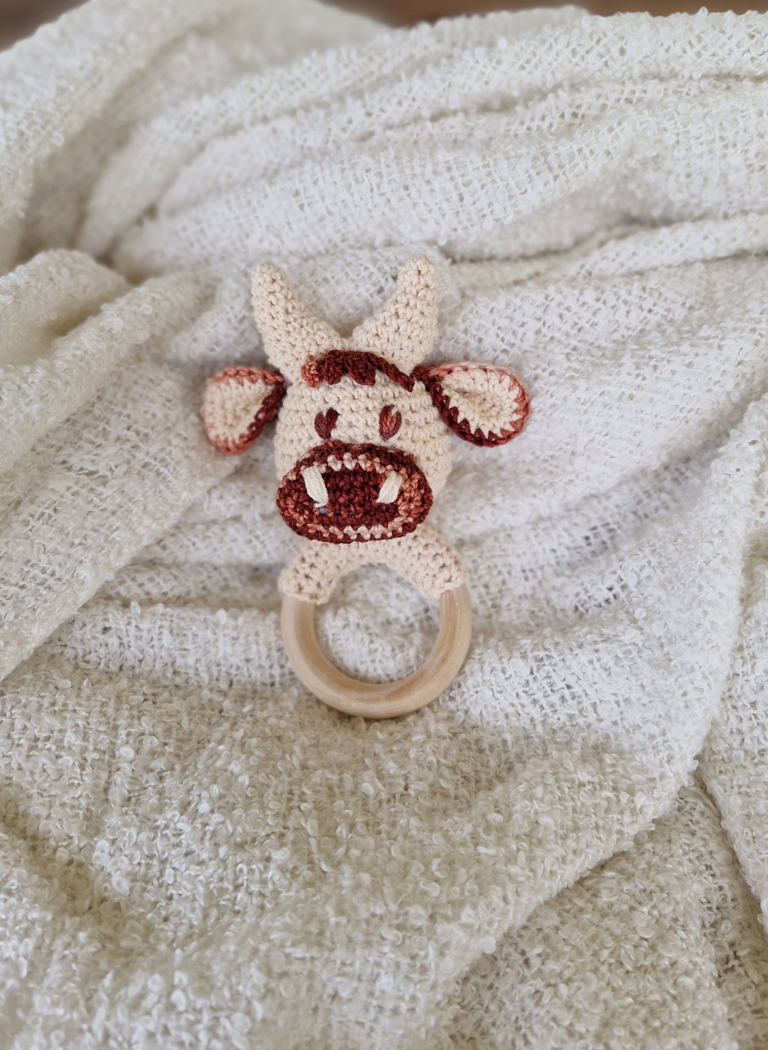Crochet Highland Cow/Bull Rattle Teething Ring