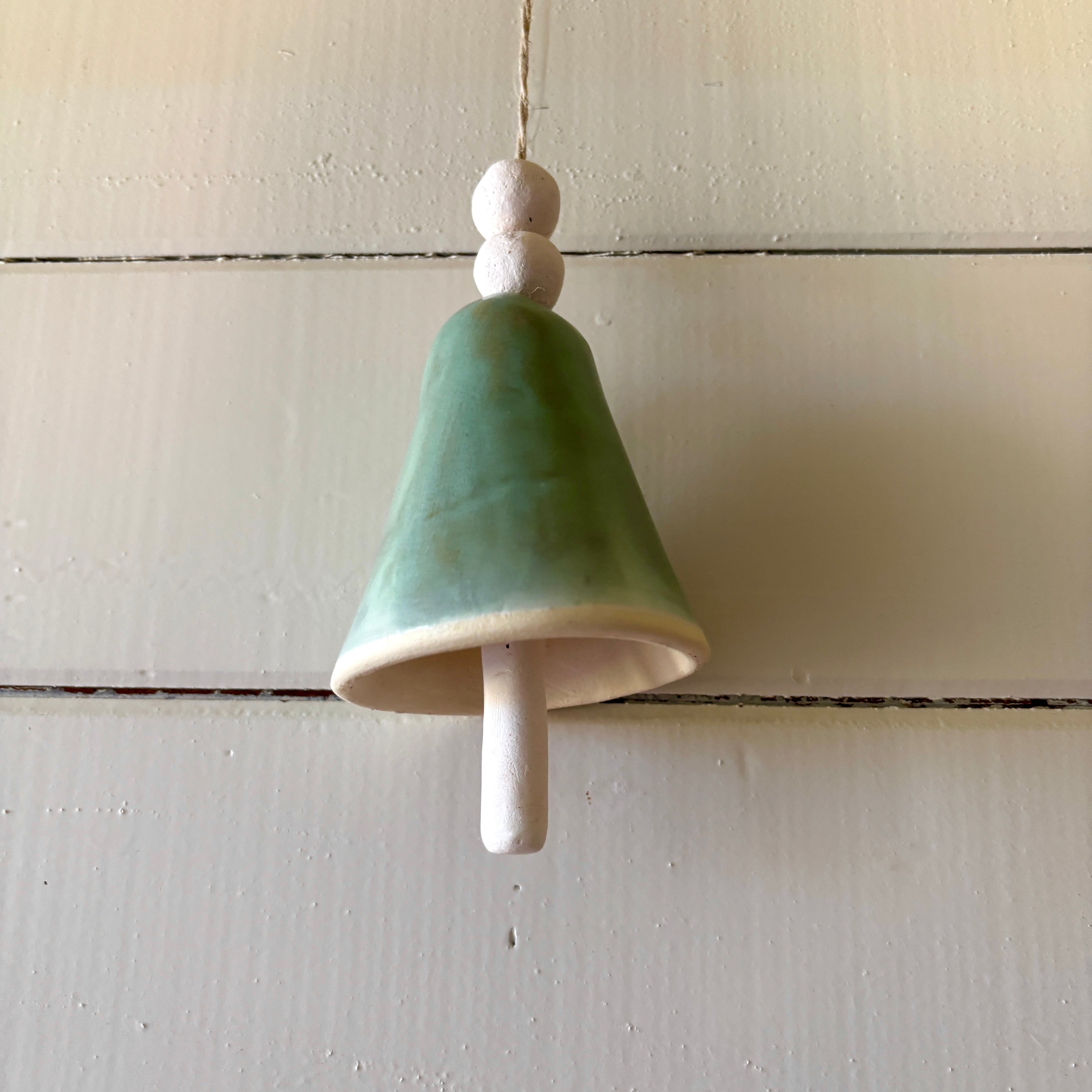 Ceramic Bell - White Clay - Soft Green Glaze - Unique